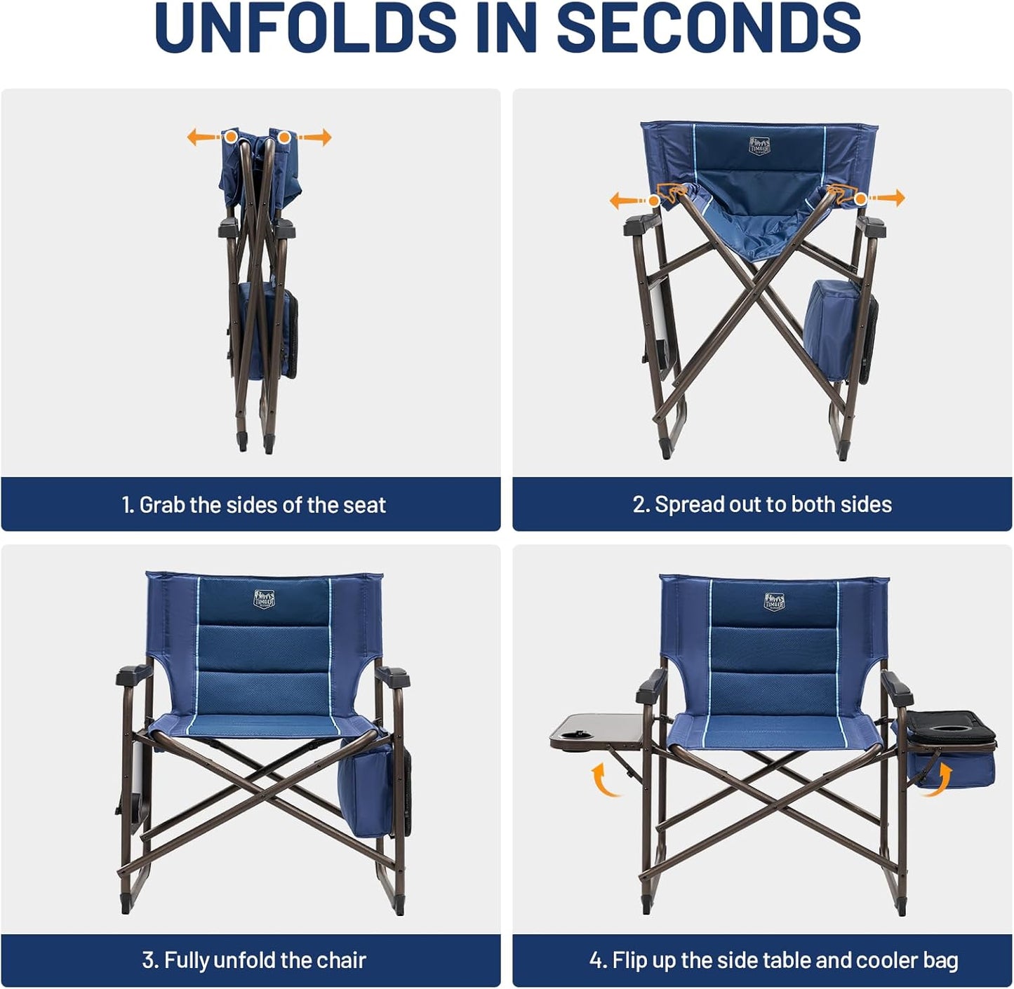 Timber Ridge XXL Oversized Directors Chair - Heavy Duty 600lbs Camping Chair with Cooler Bag & Table | Blue