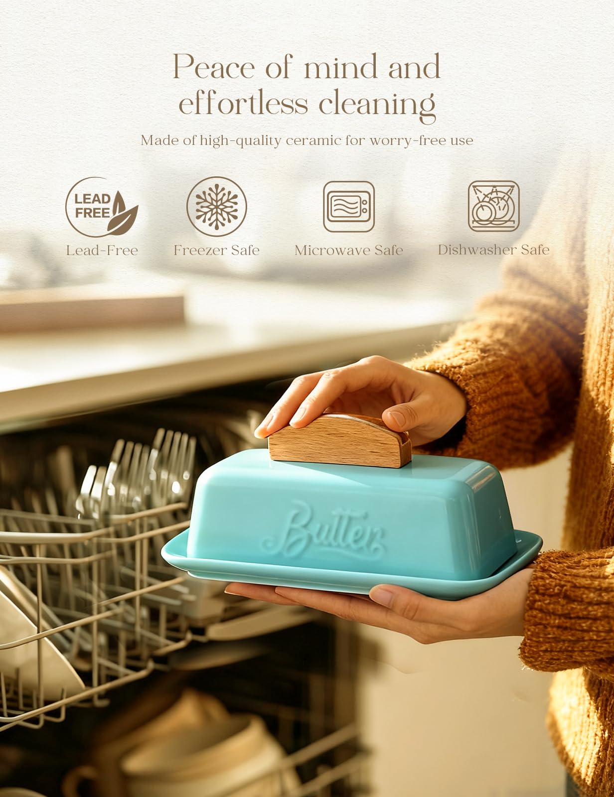 Butter Dish with Lid and Knife Ceramic Butter Holder for Counter Humanized Clamp-able Knife Handle Design, Perfect for East West Coast Butter, Skyblue