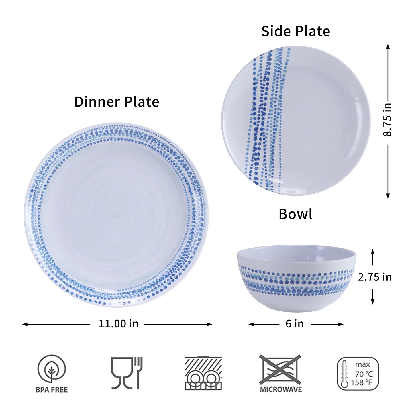 Melamine Dinnerware Sets, 12Pcs Plates and Bowls Sets Dinnerware Sets for 4, Unbreakable Dish Set for Indoor and Outdoor Use, Dishwasher Safe Raindrops Design