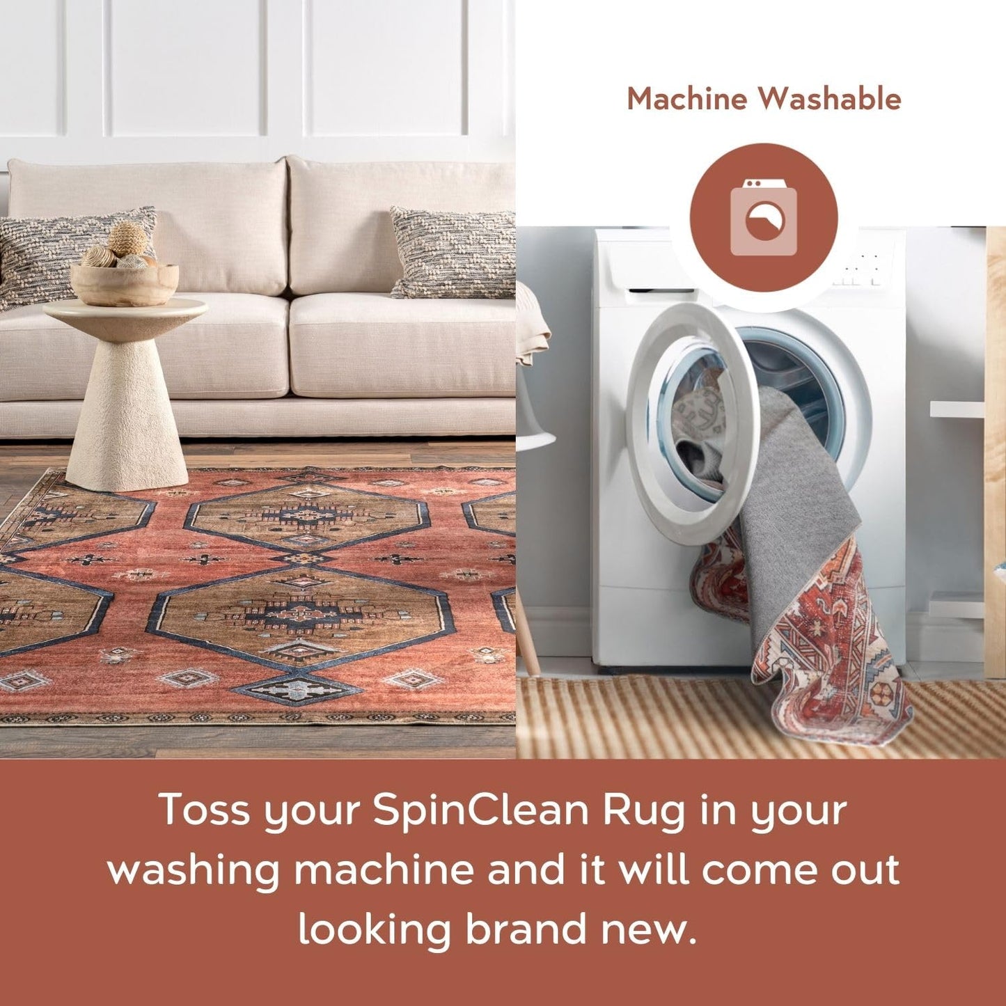 nuLOOM 4' x 6' SpinClean Machine Washable Stain-Resistant Area Rug Low Profile for Living Room, Bedroom, and Dining Room, Joplin Natural