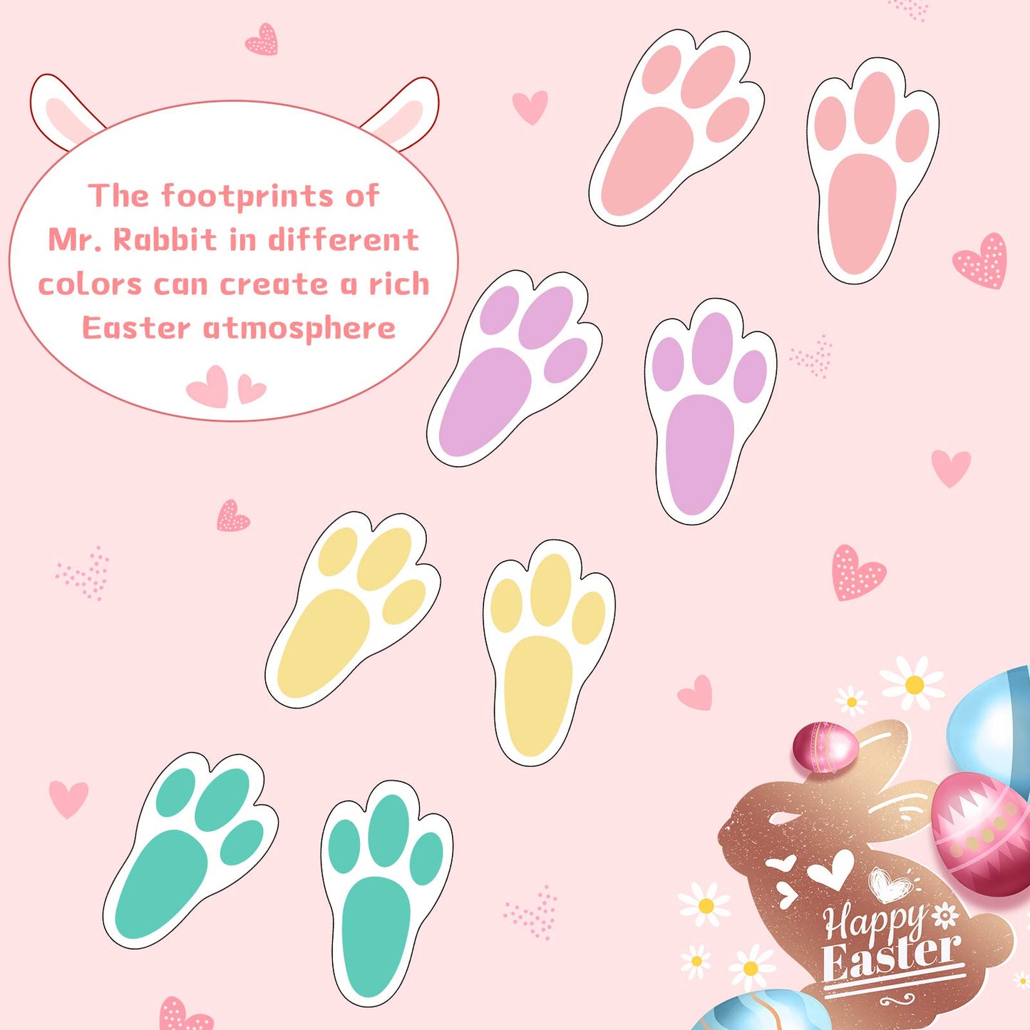 Zonon 20 Pairs of Easter Bunny Stickers Bunny Paw Prints Footprints Floor Clings Decals Rabbit Footprints Rabbit Paw Stickers for Floor Ceiling Window Wall Easter Day Party Supplies, 4 Colors