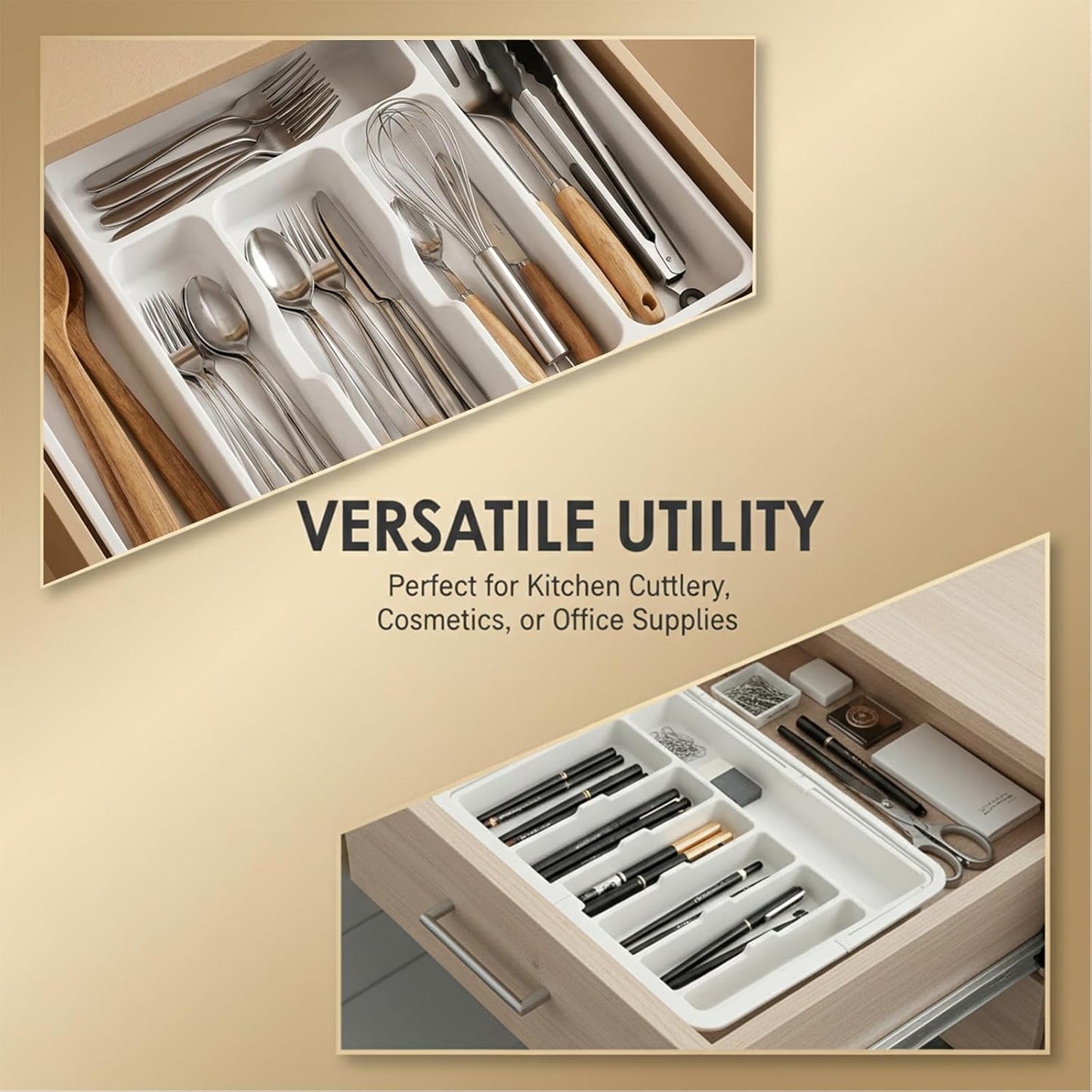 SakerPlus Expandable Drawer Organizer - Adjustable Kitchen Tray for Cutlery & Utensils | Silver Finish