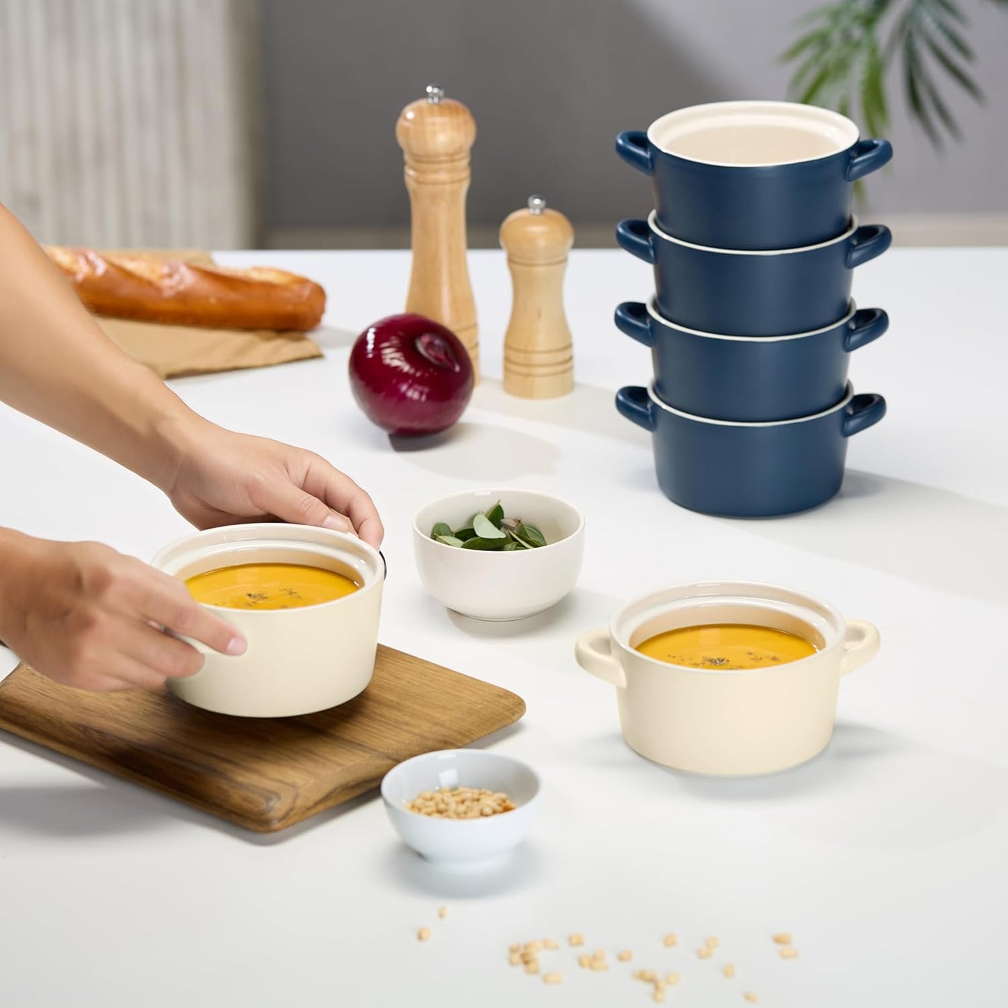 Kook Ceramic Soup Crocks - Stackable Bowls for Casserole & Pasta | Oven, Microwave & Dishwasher Safe, 18 oz, Set of 4 (Ivory)