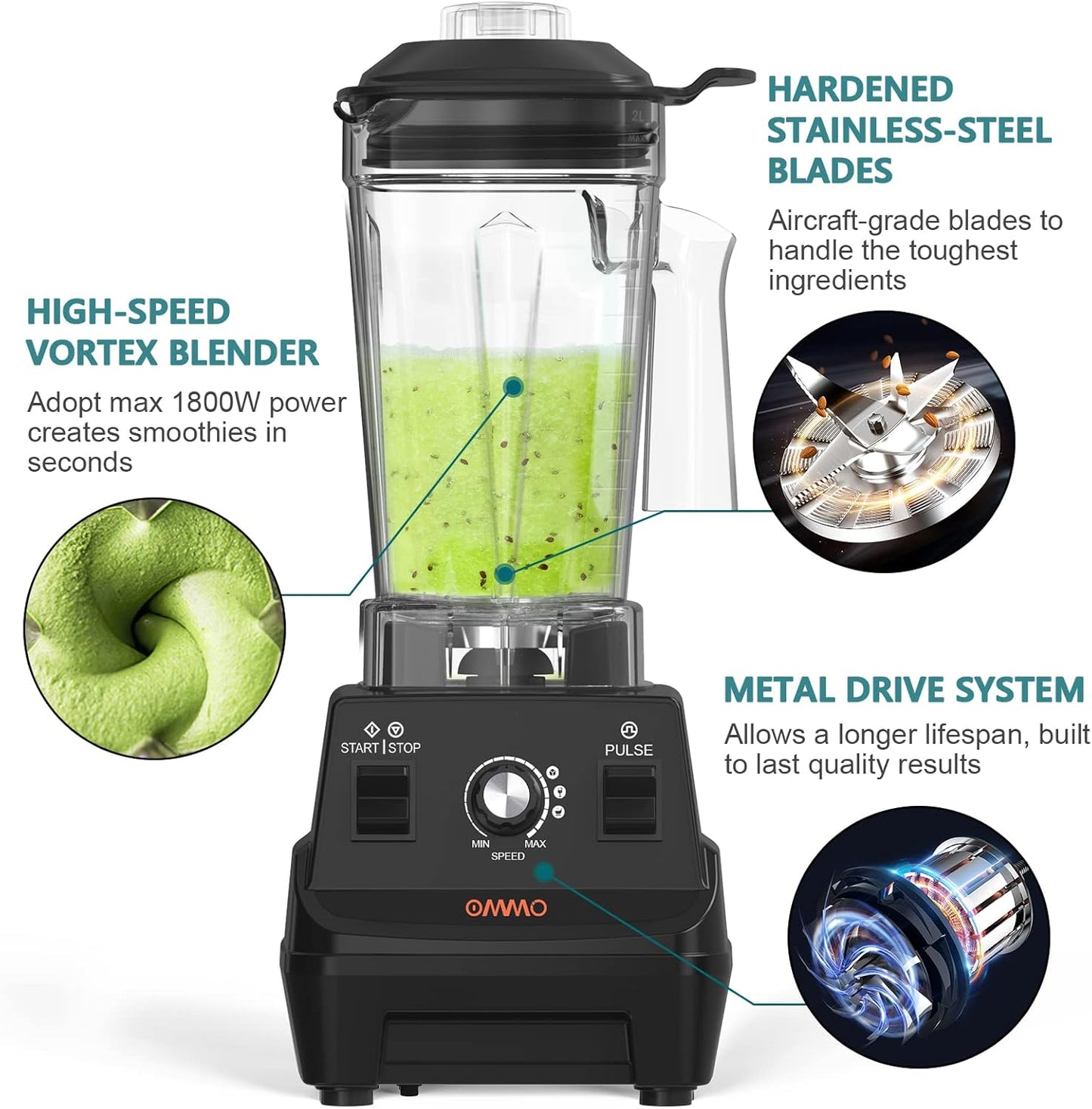 OMMO Blender 1800W - Professional High-Speed Countertop Blender with 60oz BPA-Free Jug for Smoothies & Ice