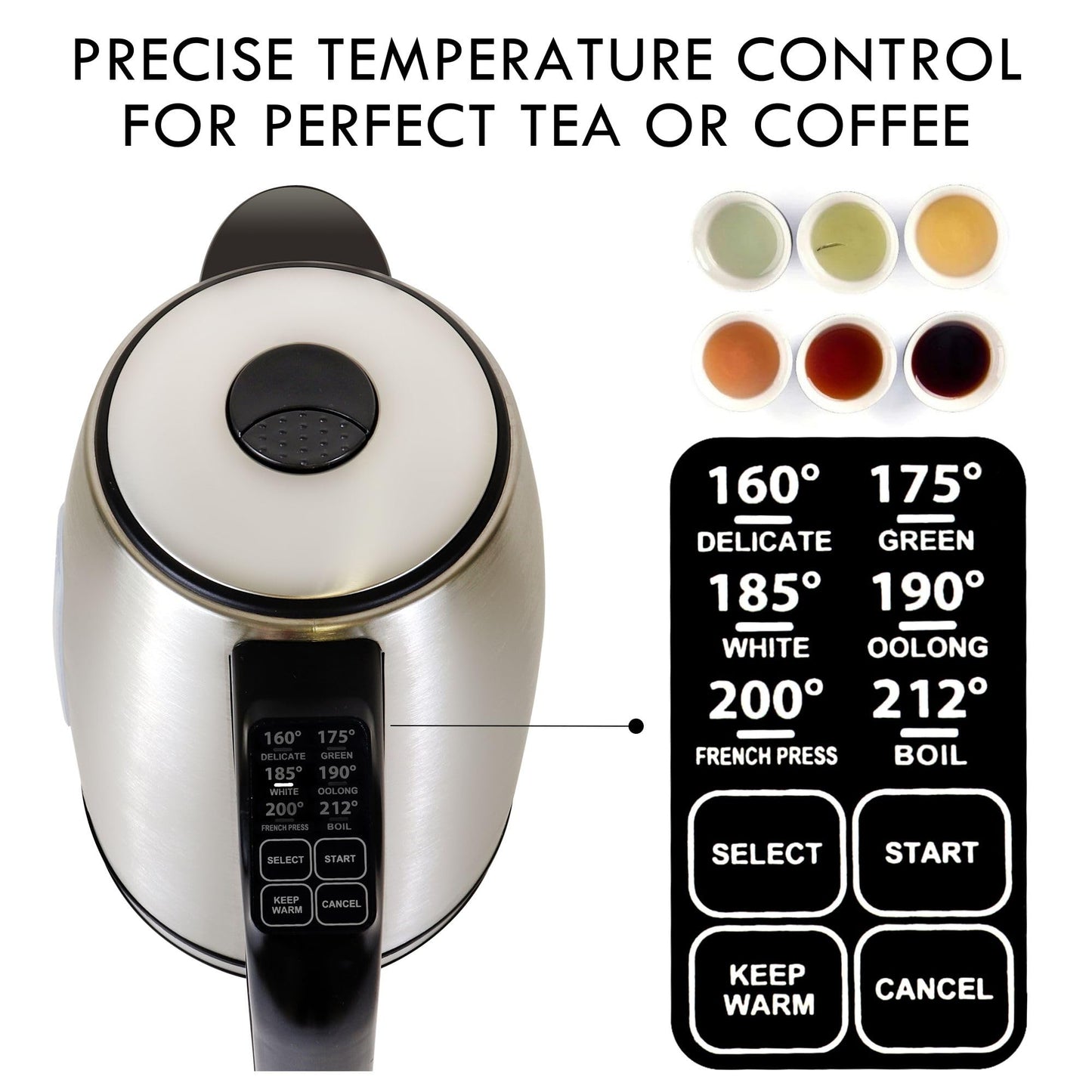 Kenmore Digital Cordless Kettle1.7 L/1.8 Quarts Capacity, Stainless Steel Electric Kettle with Digital Temperature Control, Concealed Heating Element, and Keep Warm Mode, Silver, Standard