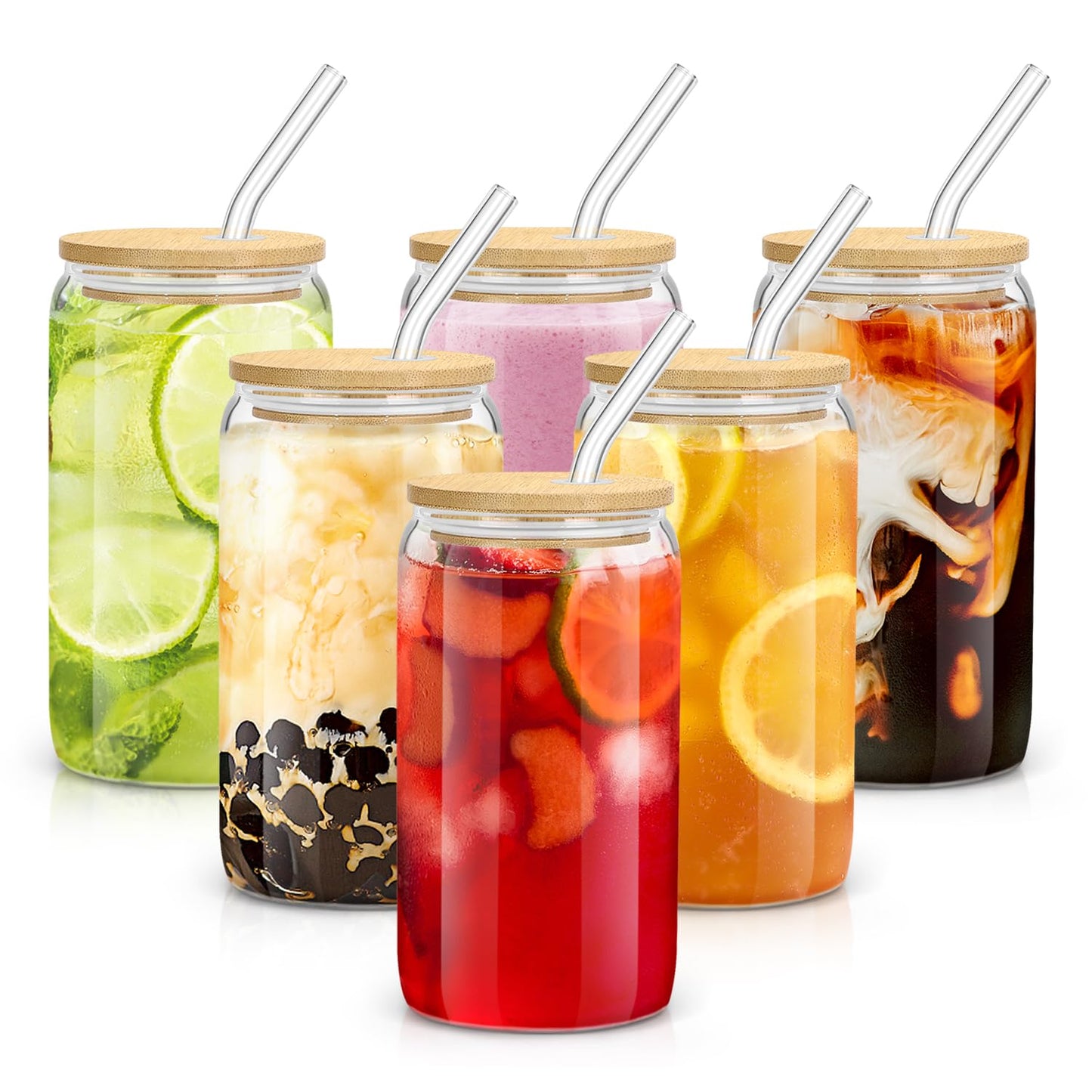 sungwoo 6PCS Glass Cups with Bamboo Lids and Straws, 16OZ Ice Coffee Cup, Drinking Cup set with Wooden Lids, Home Essential Glass Tumblers for Beer, Cocktail, Tea and Latte Clear
