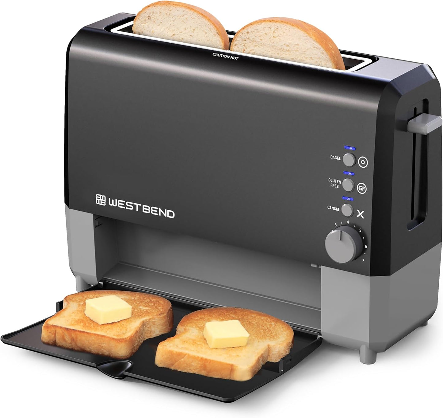West Bend QuikServe Toaster - 2-Slice Wide-Slot Design with Bagel & Gluten-Free Settings | Black, 1400-Watts