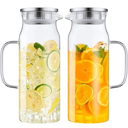 Bivvclaz 2 Pack 1.6 Liter 54 oz Glass Pitcher with Lid and Handle, Glass Carafe Water Pitcher for Hot/Cold Water, Iced Tea, Drinks, Coffee, Juice and Homemade Beverage