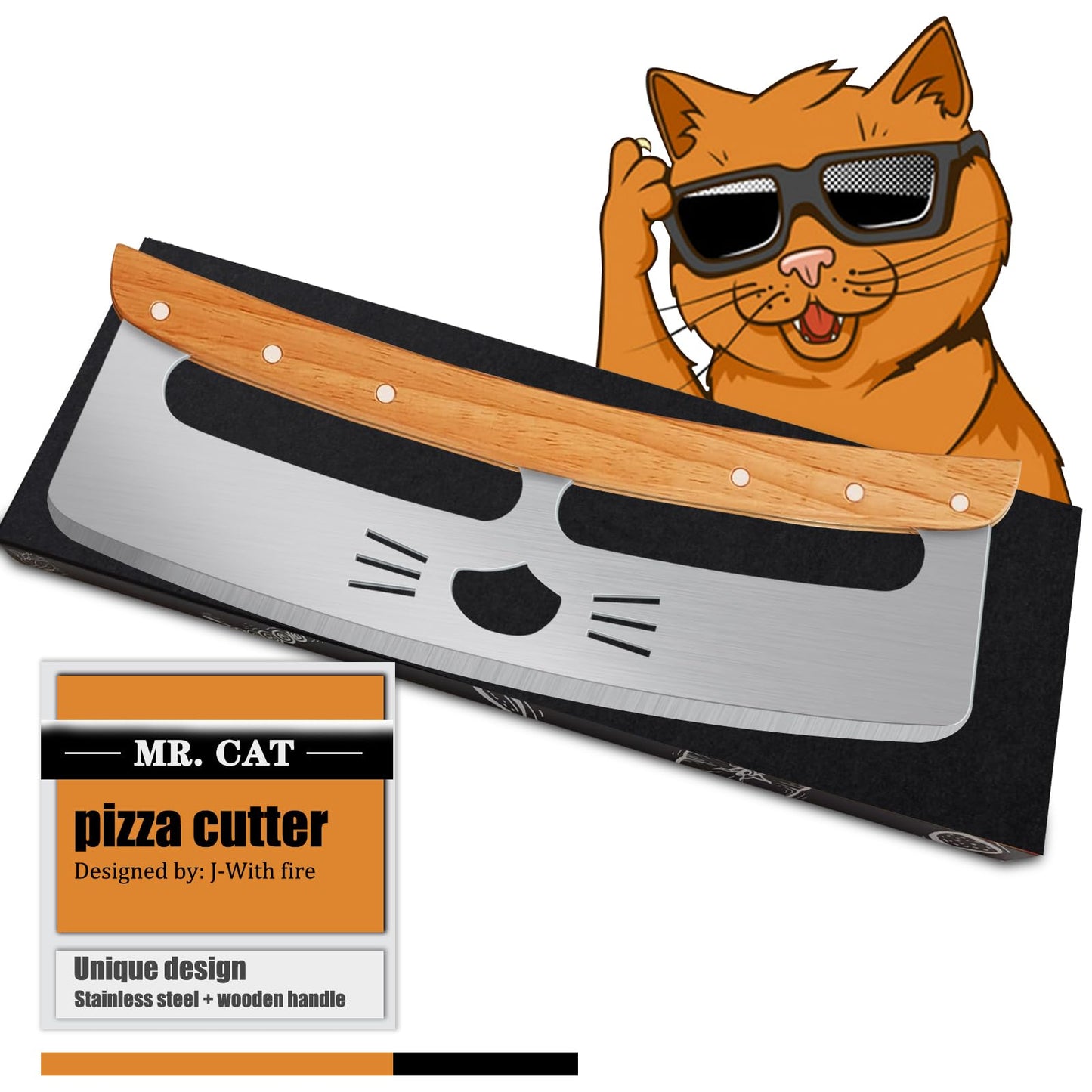 Pizza Cutter Rocker: 14-Inch,Funny Pizza Slicer Consists of Stainless Steel and Wooden Handle,Pizza Cutter with Protective Blade Guard - Pizza Oven Accessories Gifts for Men Dad.