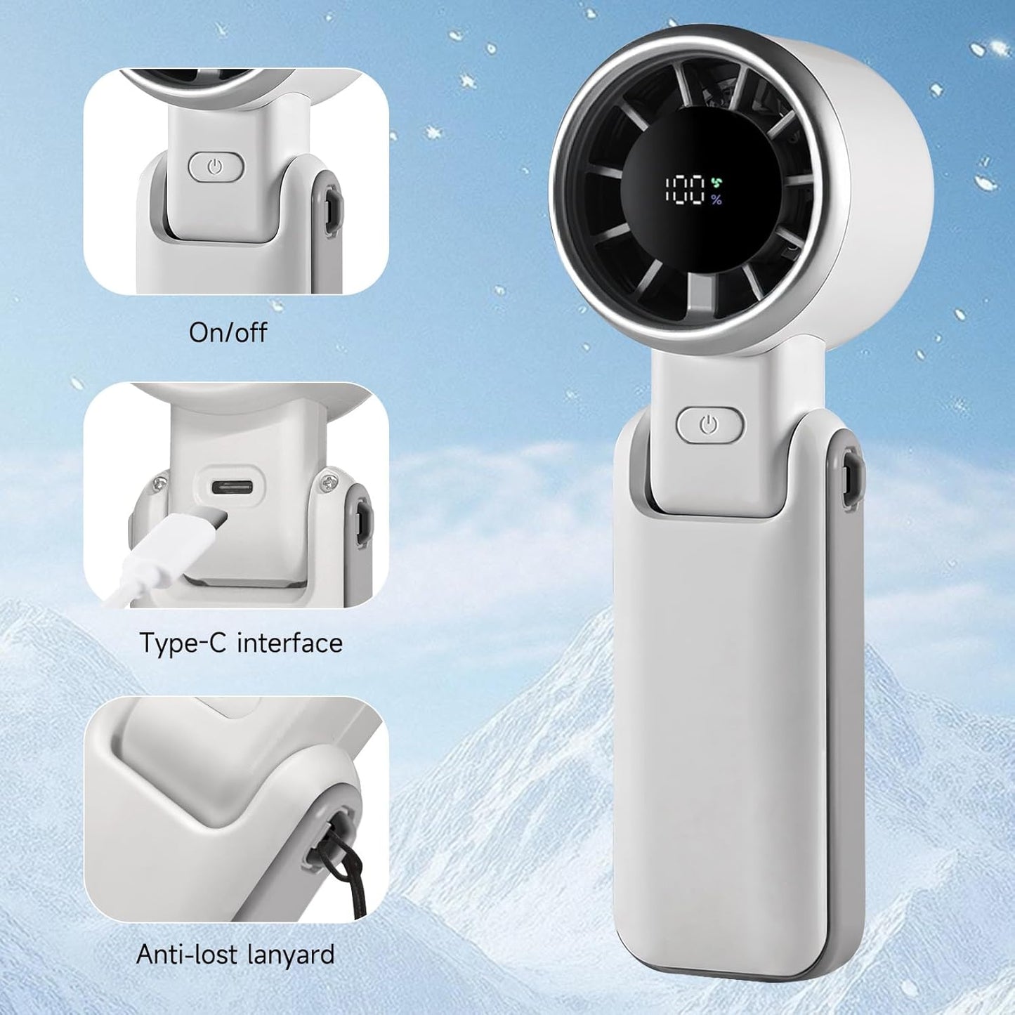 Skiennix Portable Handheld Turbo Fan - 180° Folding Design, 5 Adjustable Speeds, USB Rechargeable | Ideal for Travel & Summer Gifts (White)