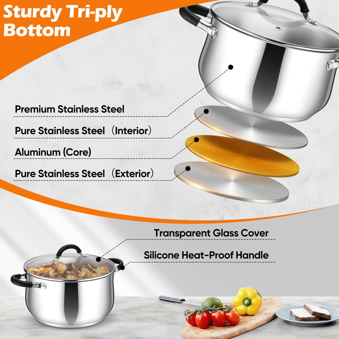 P&P CHEF Stainless Steel Stock Pot, 8 Qt Cooking Soup Pot with Visible Lid for Pasta, Tri-Ply Bottom & Dual Heatproof Handles, For Induction Gas All Stoves, Non-Toxic & Dishwasher Safe