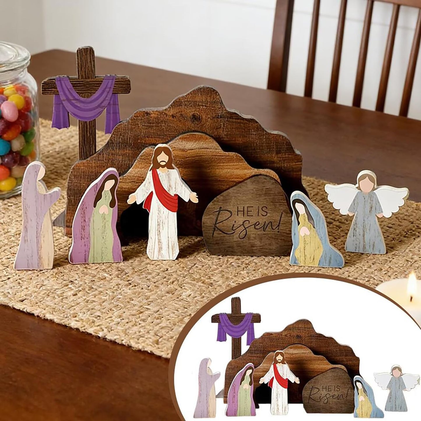 ZOUNYIN Empty Tomb Easter Scene Cross Decoration, Wooden Resurrection Tabletop Decor Set for Religious Home, Office, Shelf & Farmhouse Display