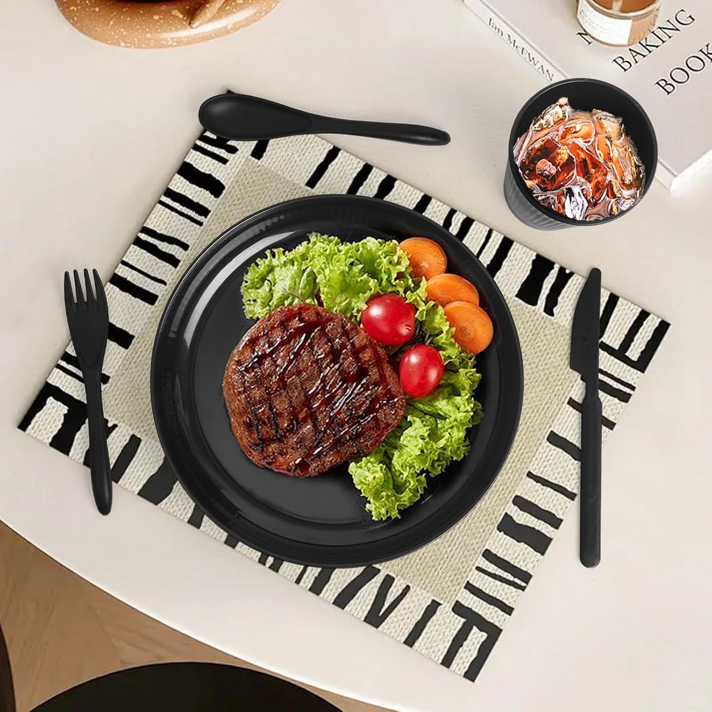 Skiennix 36-Piece Wheat Straw Dinnerware Set - Unbreakable Plates, Bowls & Cups | Dishwasher & Microwave Safe, Black