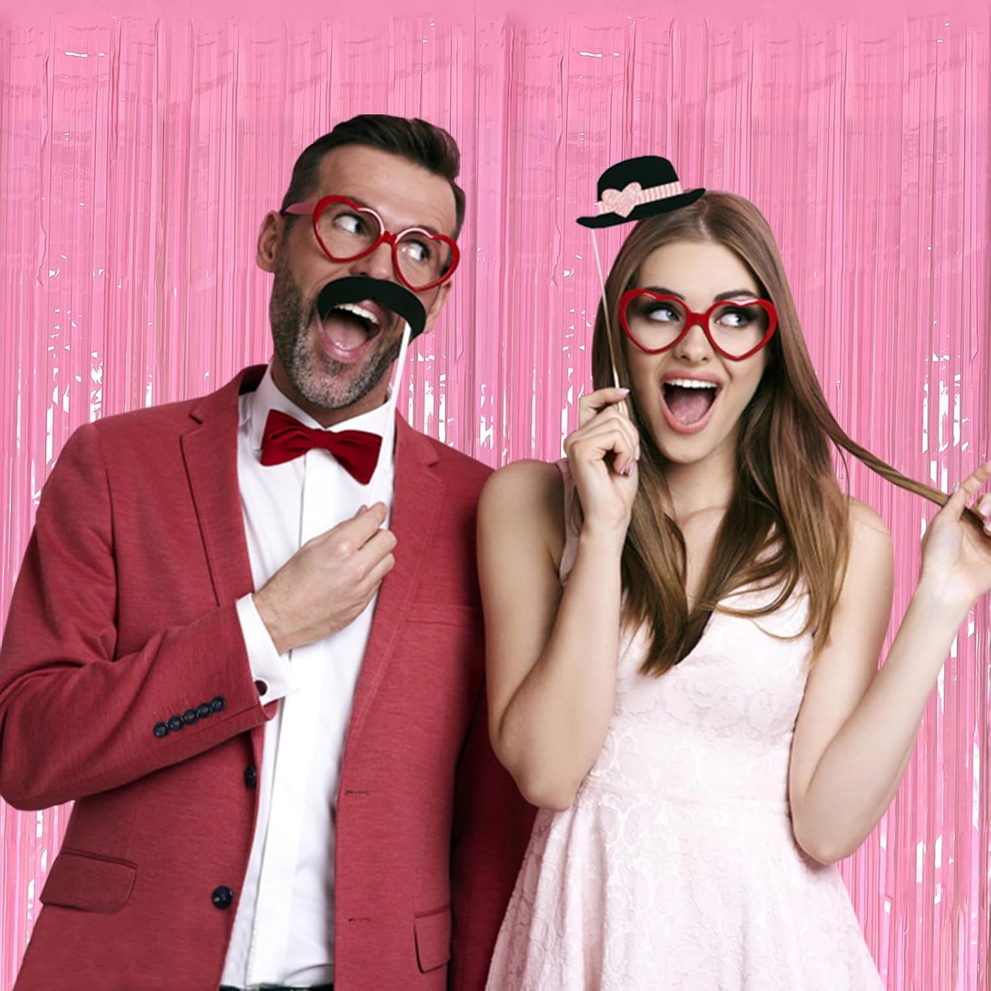 Skiennix 20 Pack Foil Curtain - Pink Metallic Tinsel Fringe Backdrop for Parties & Celebrations