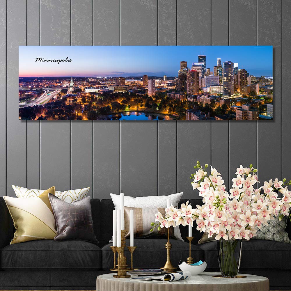 Minneapolis Skyline Wall Art for Living Room Cityscape Canvas Modern Home Decor Panorama Pictures City Building House Decorations Skyscraper Artwork Night View Posters and Prints 12x46 Inch 1 Panel