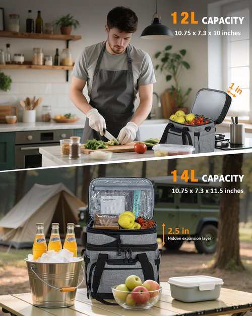 HORJONES Large Lunch Box for Men/Women Dual-Compartment Insulated Lunch Bag,Adults Expandable Leakproof Cooler Bag Lunch Tote with Adjustable Shoulder Strap for Work Camping Picnic,Grey 24-Can(14L)