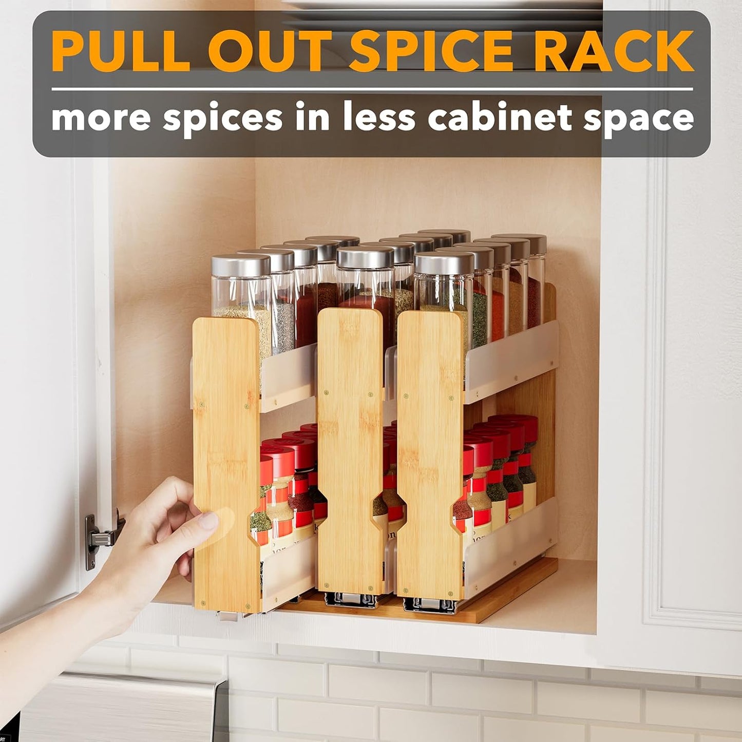 SpaceAid Bamboo Spice Rack Organizer - Heavy Duty Pull-Out Kitchen Storage, 7.6" Wide, 3 Drawers, Natural Finish