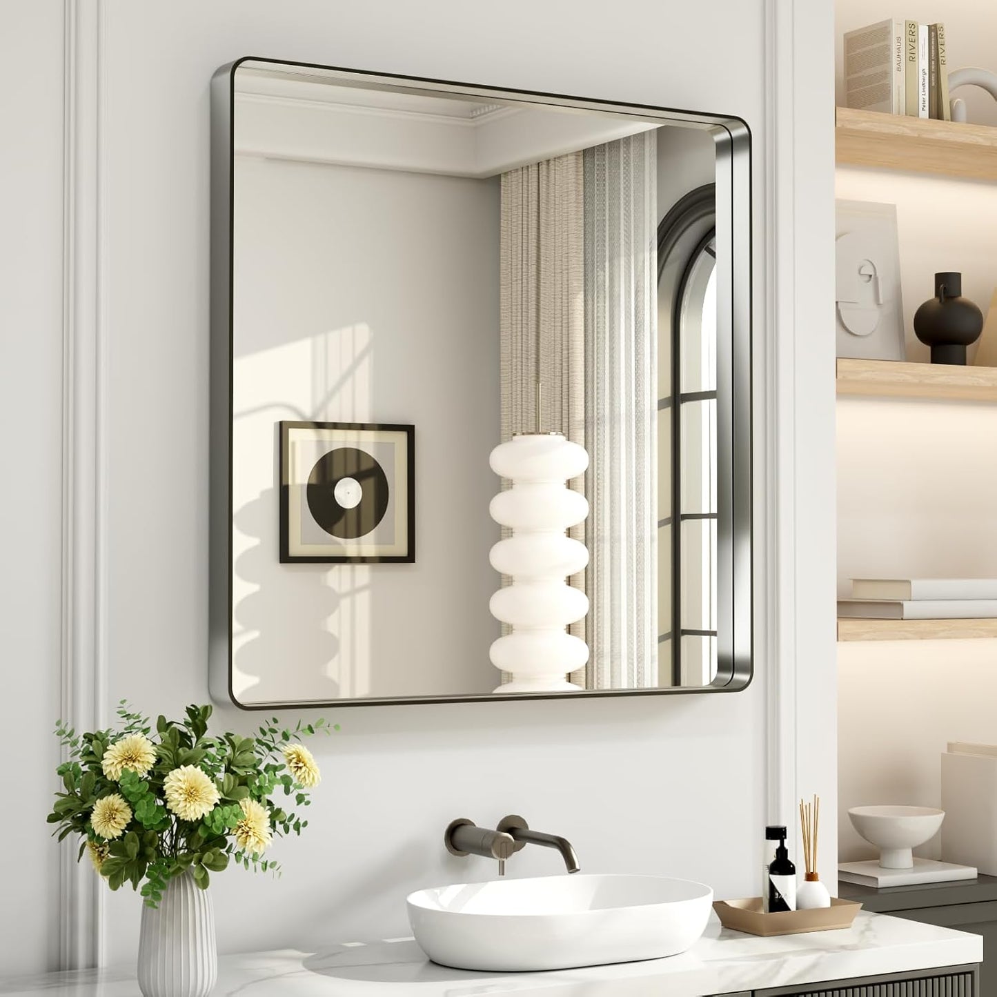LOAAO Brushed Nickel Bathroom Mirror - 38x38 Inch Rounded Rectangle Design | Anti-Rust, Shatterproof, Versatile Hanging Options