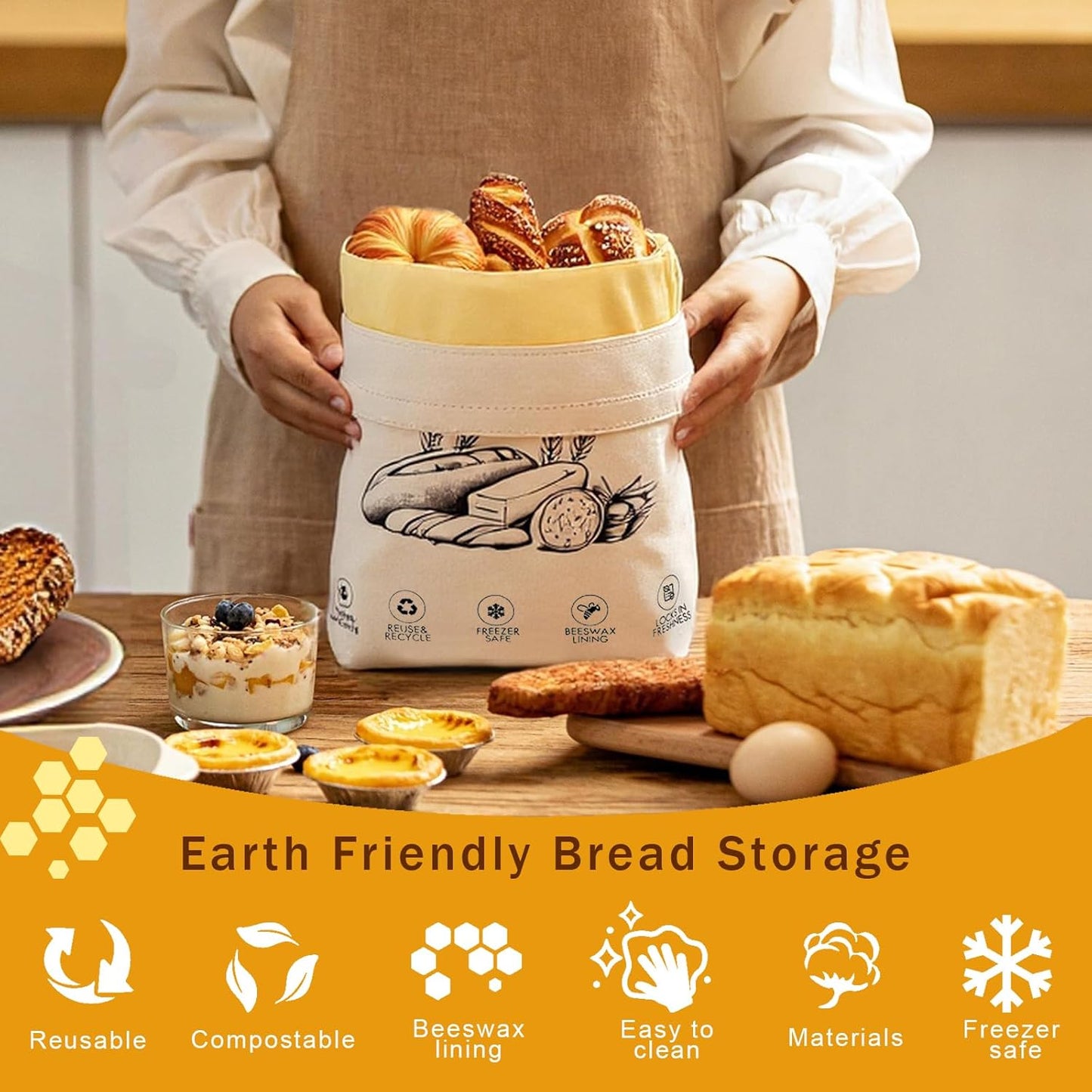 Skiennix Reusable Beeswax Bread Bags - 2-Pack Cotton Waxed Bags Keep Sourdough Fresh Longer (Ivory)
