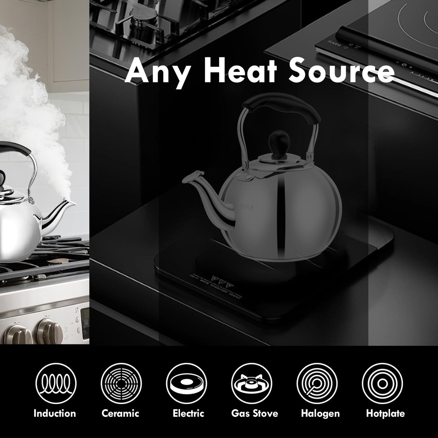 Stovetop Tea Kettle with Whistle - 2.0 Quart 18/8 Stainless Steel Tea Pot for Gas Stove & Electric Coil Stovetop, Food-Safe, Easy-Pour Spout, Mirror Polished Classic Water Kettle