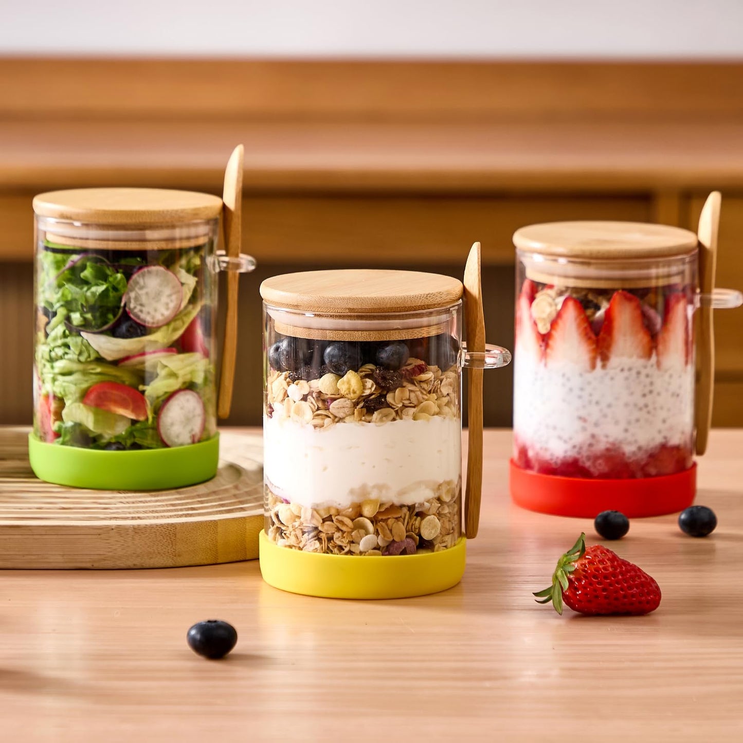 Spreccio Set of 6 Airtight Overnight Oats Jars with Bamboo Lids and Spoons, 22 OZ Overnight Oats Containers with Lids,Glass Food Storage Jar Perfect for Coffee, Tea, Sugar, Beans, and More