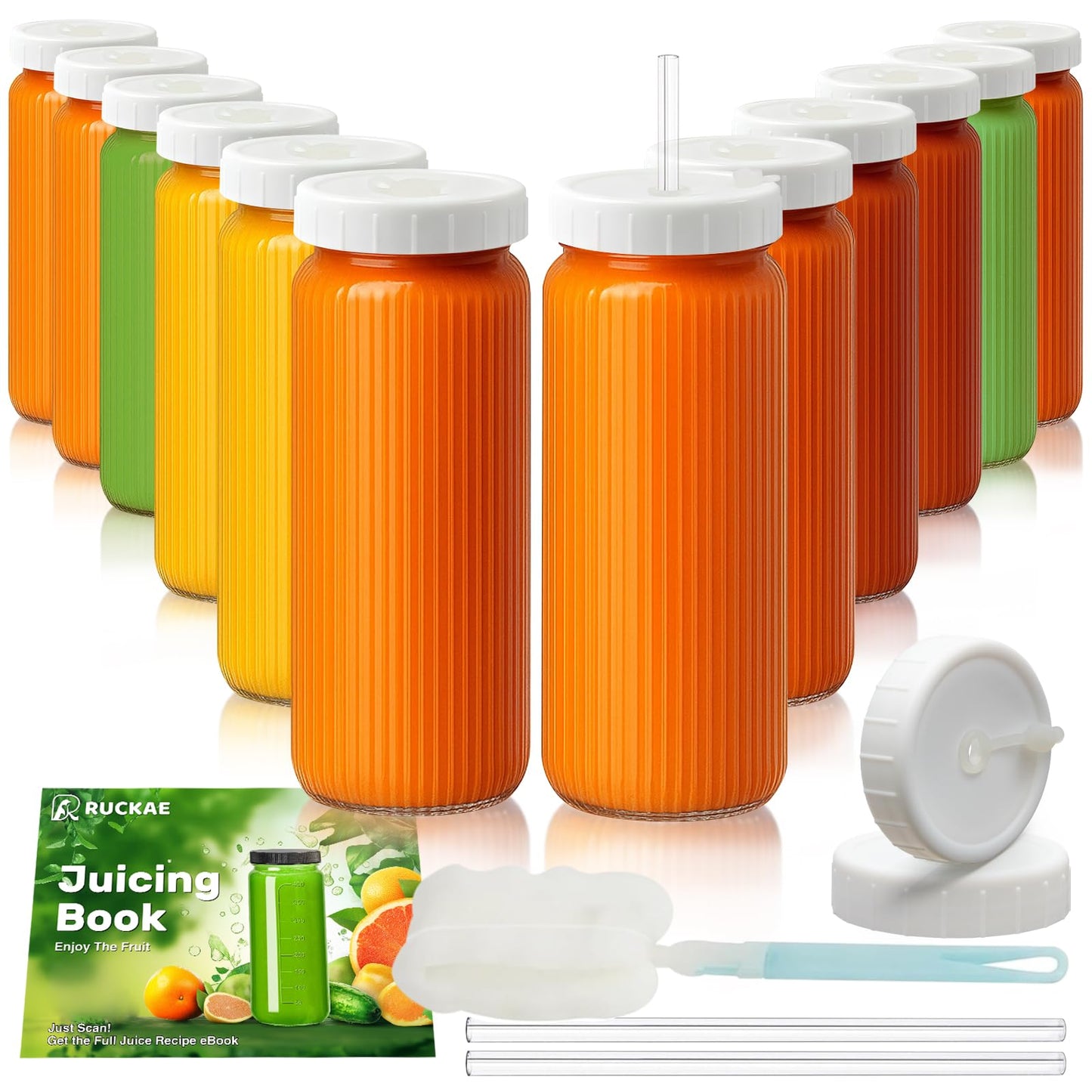 Ruckae 16oz Juice Bottles,Ribbed Glass Juicing Bottles with Lids,Smoothie Cup Lids and Straws,Water Bottle Mason Jar Drinking Glasses for Juicing,Smoothies,Kombucha (Clear-12 pack)