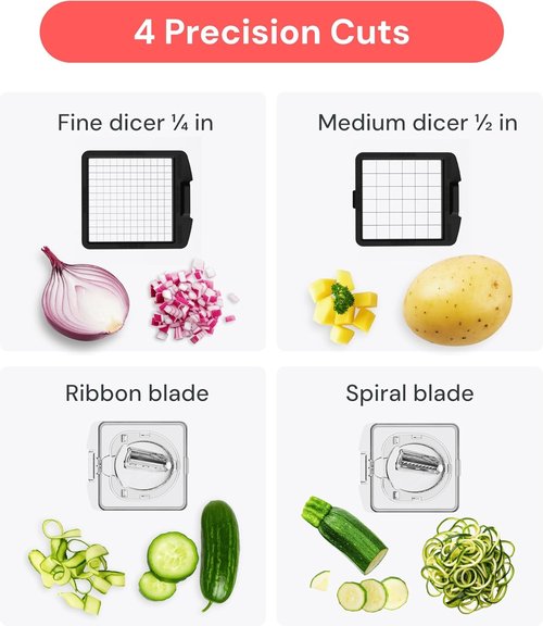 Fullstar Pro Chopper - 4-in-1 Vegetable Chopper & Spiralizer with Container | Clear Kitchen Essential