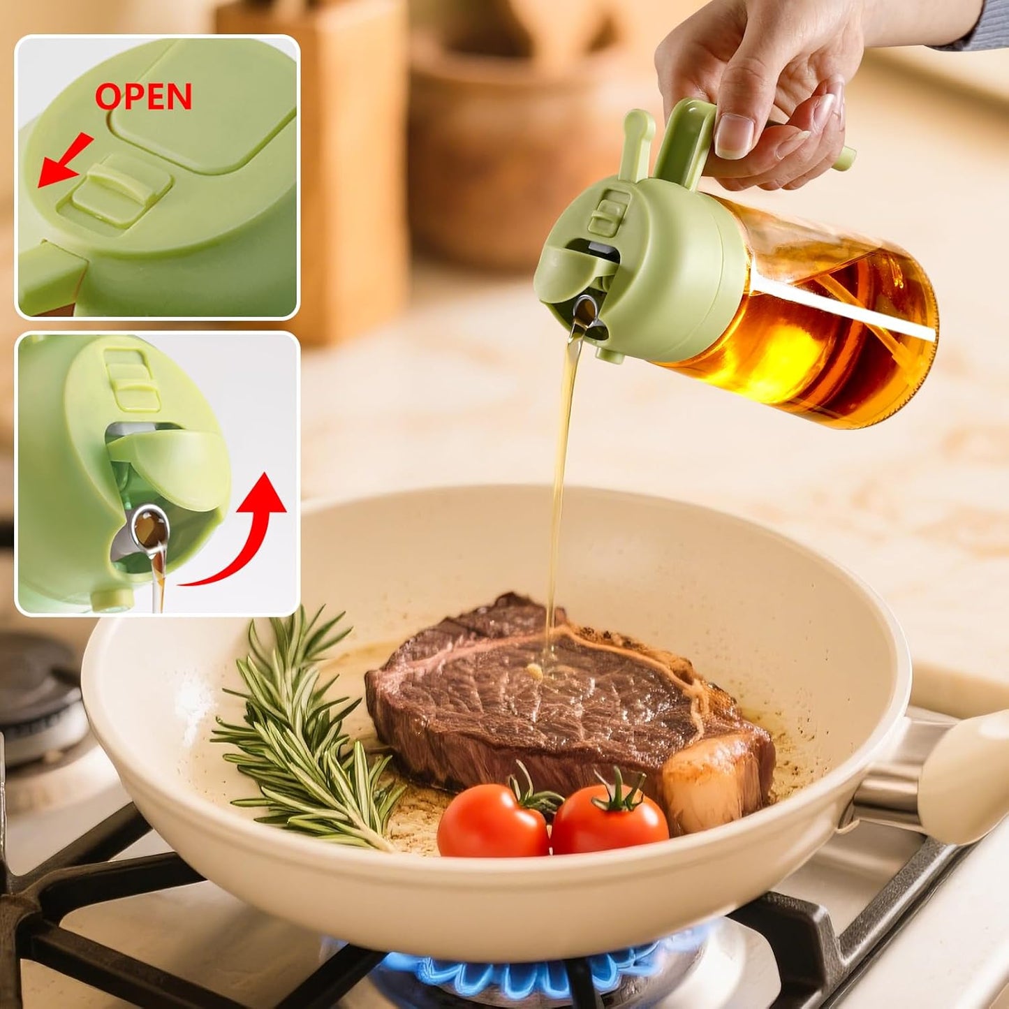 Sweet View 16oz Oil Dispenser & Sprayer - Glass Olive Oil Pourer for Kitchen & BBQ (Green)
