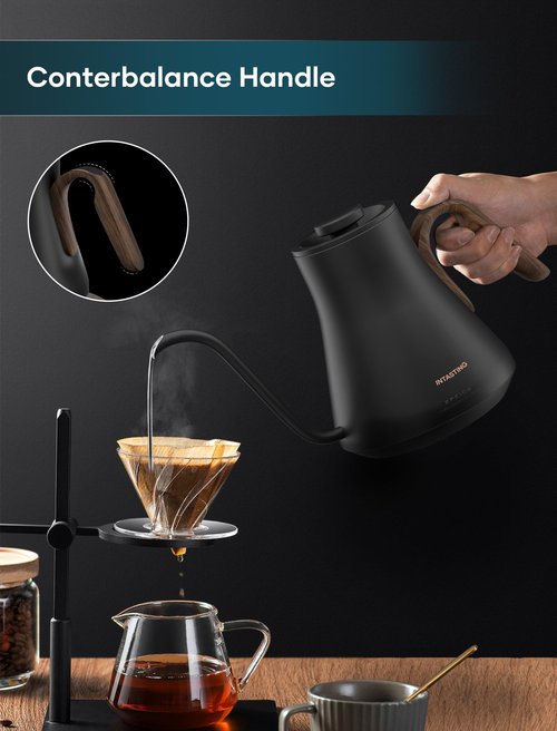 INTASTING Gooseneck Electric Kettle with ±1℉ Temperature Control for Pour Over Coffee & Tea, Quick Heating, BPA-Free Stainless Steel, Built-in Brew Timer, 1500W/0.9L (Black Walnut)