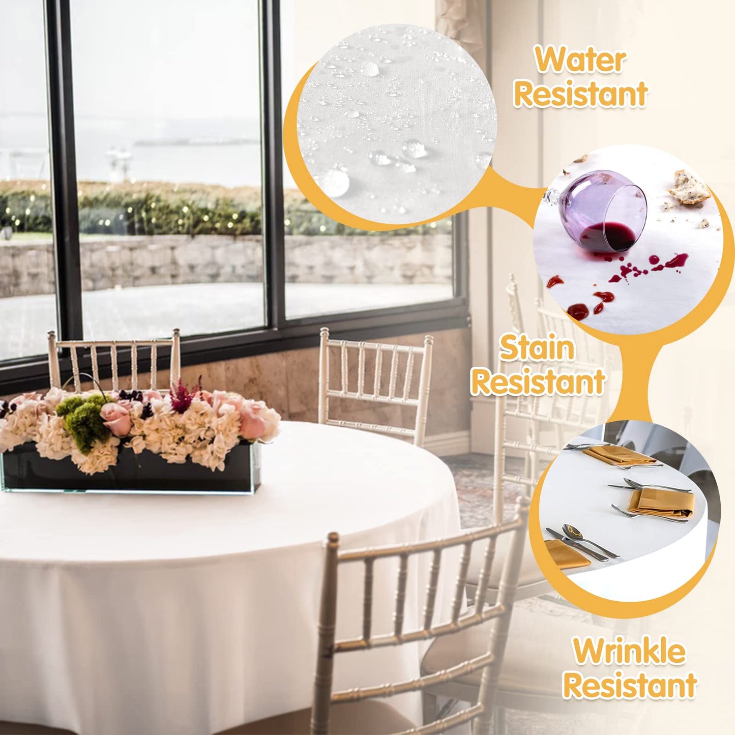 BRILLMAX 6 Pack White Round Tablecloths 120 Inch for 60” Tables - 150 GSM Polyester Fabric, Floor Length Drop, Water, Stain & Wrinkle Resistant Cloth Cover for Wedding Reception Banquet Dining