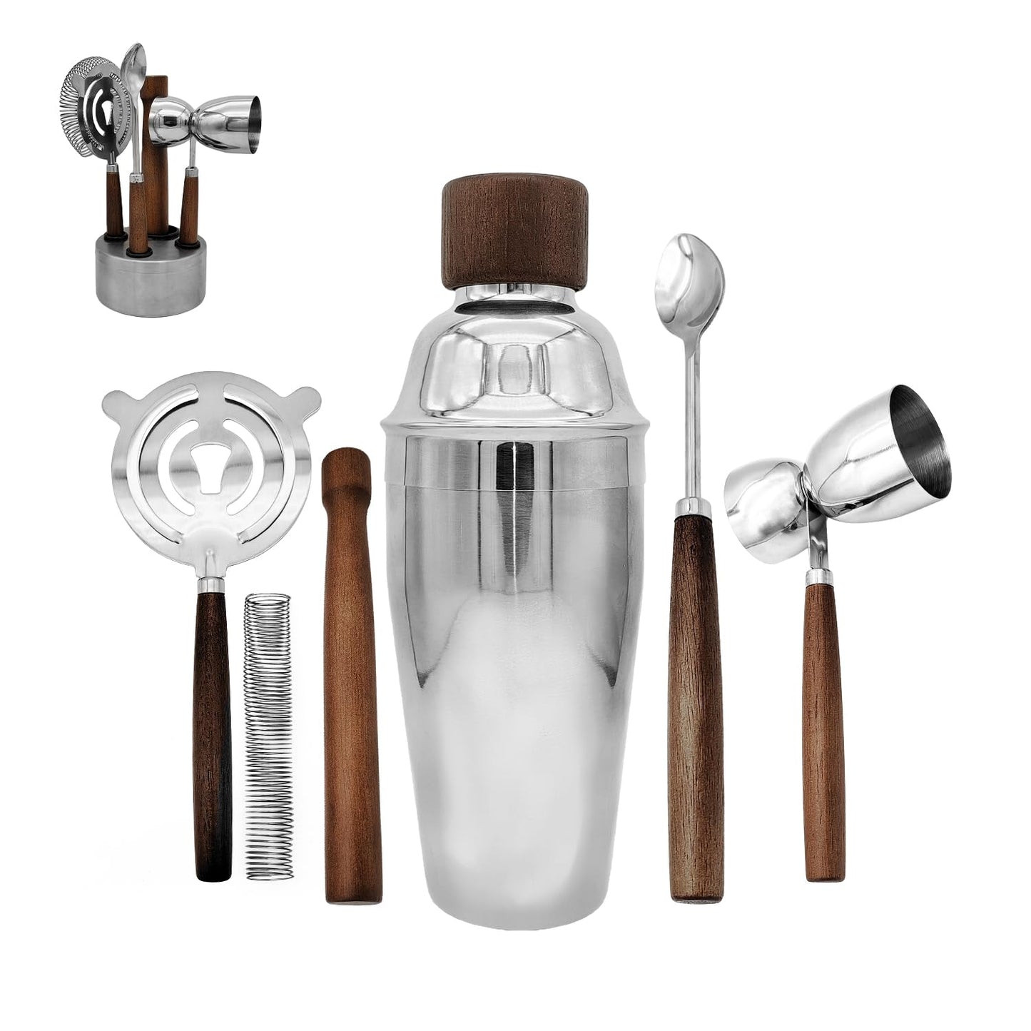 WELESHEI 6 PCS Bar Tool Set Stainless Steel Cocktail Shaker Kit With Muddler, Double Jigger, Mixing Spoon, Strainer & Matte Round Stand Bartender Essentials Barware For Home Bar Party & Celebration