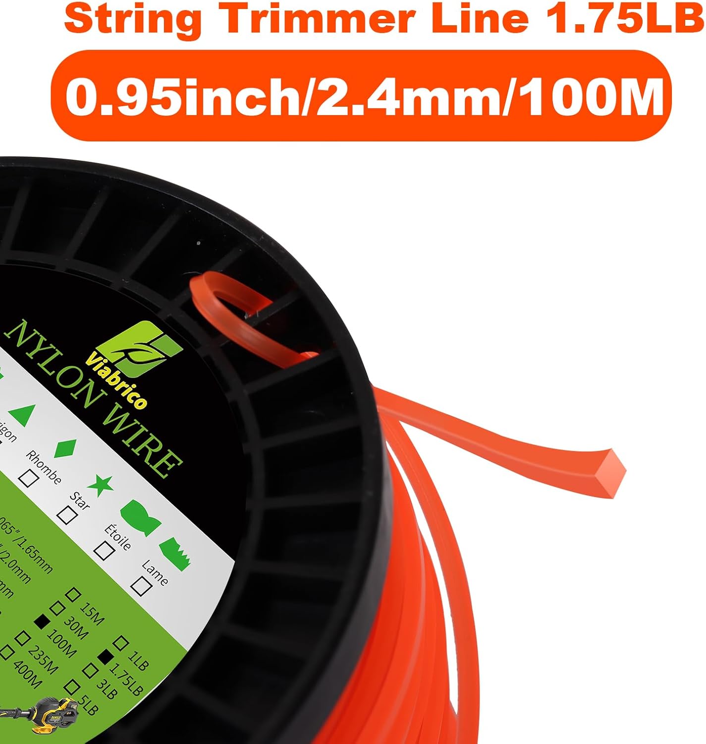 Viabrico String Trimmer Line - Heavy Duty Square Orange Weed Eater String | Premium Nylon 0.095" x 330ft