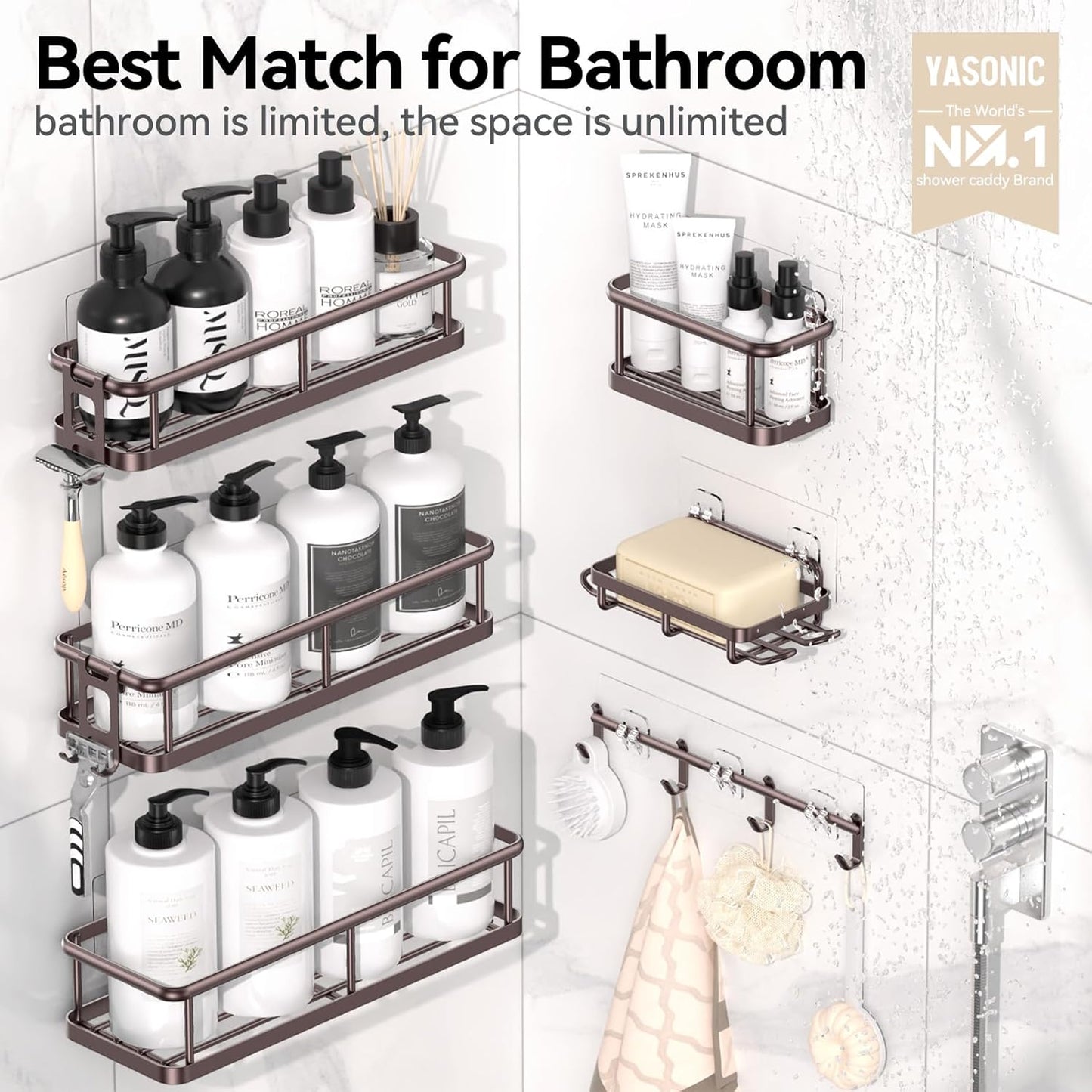 YASONIC Shower Caddy - Large Capacity Organizer with Soap Holder & 12 Hooks | Rustproof Bronze XL