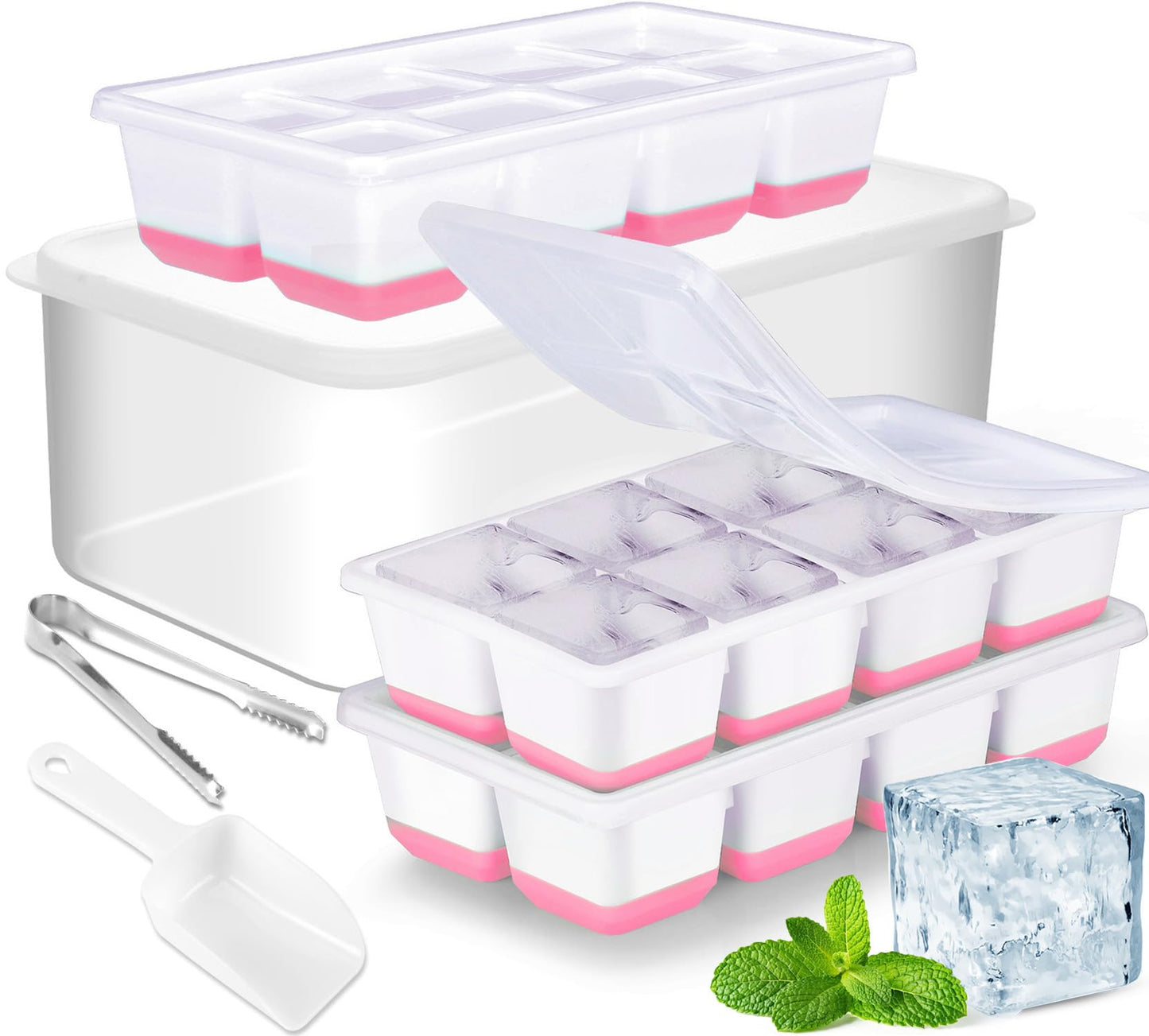 Large Ice Cube Tray with Lid and Bin, Jrisbo Silicone Big Square Ice Cube Molds for Freezer, 3 Pack Stackable Huge Cubed Ice Trays with Ice Tong, Ice Scoop for Whiskey Cocktails Soups Frozen Treats