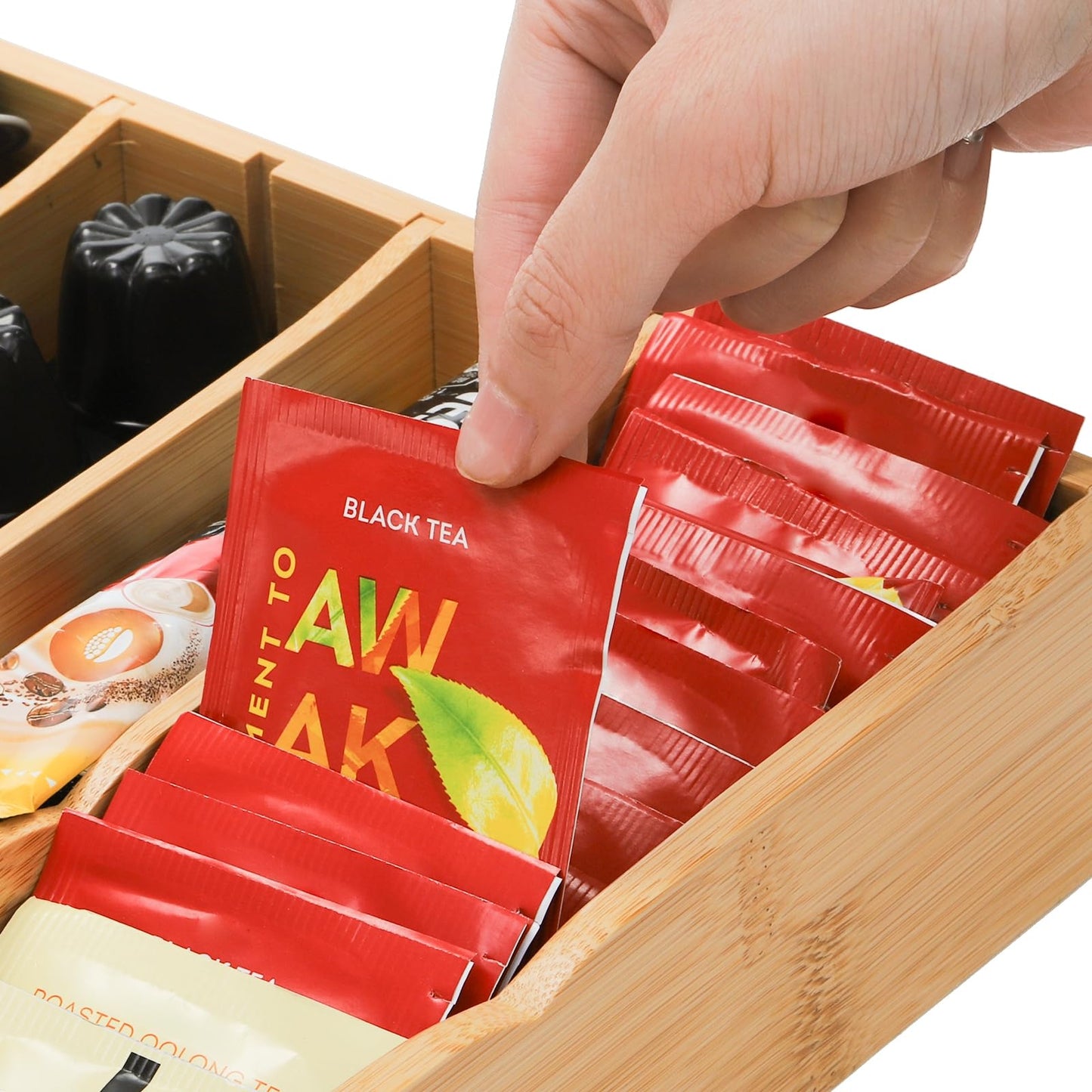 Lyellfe 2 Pack K Cup Holder for Drawers, Bamboo Tea Bag Organizer with Adjustable Dividers, Silverware Utensil Flatware Tray for Coffee Station Home Office, Kitchen