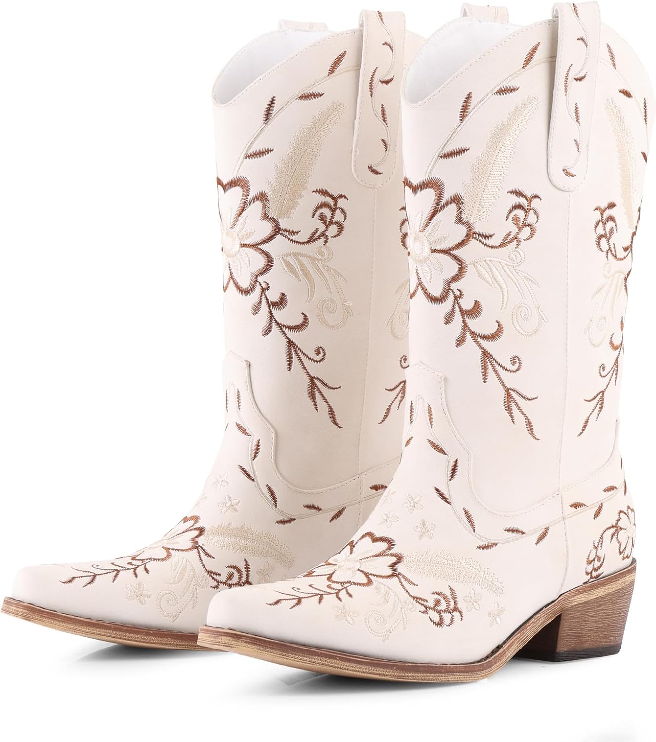 LingxiaUne Western Cowboy Boots - Stylish White Mid Calf Cowgirl Boots with Bow | Comfortable Chunky Heel