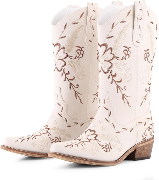 LingxiaUne Western Cowboy Boots - Stylish White Mid Calf Cowgirl Boots with Bow | Comfortable Chunky Heel