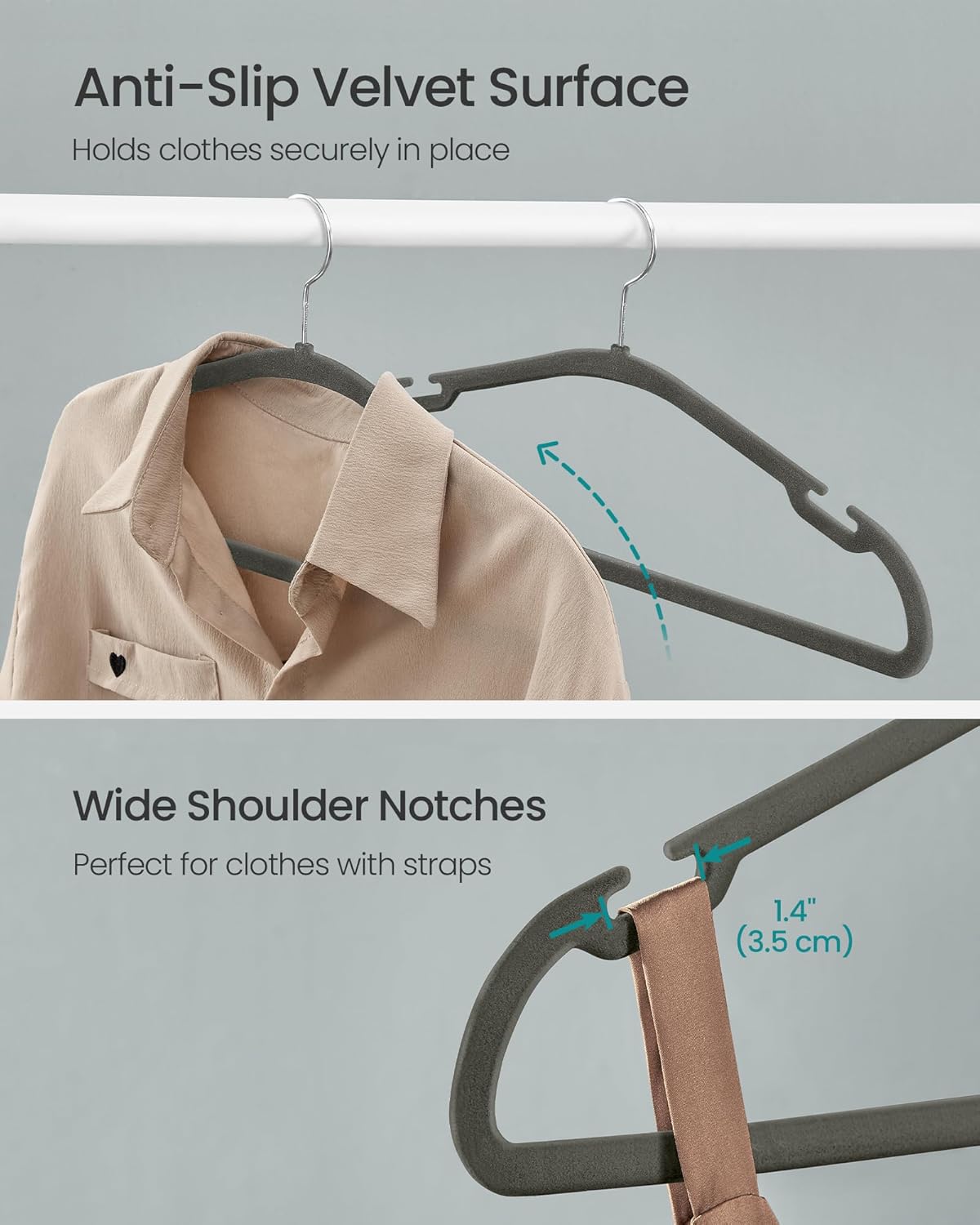 SONGMICS Velvet Hangers - Non-Slip Clothes Hangers with 360° Swivel Hook | 50 Pack, Gray, Space-Saving Design