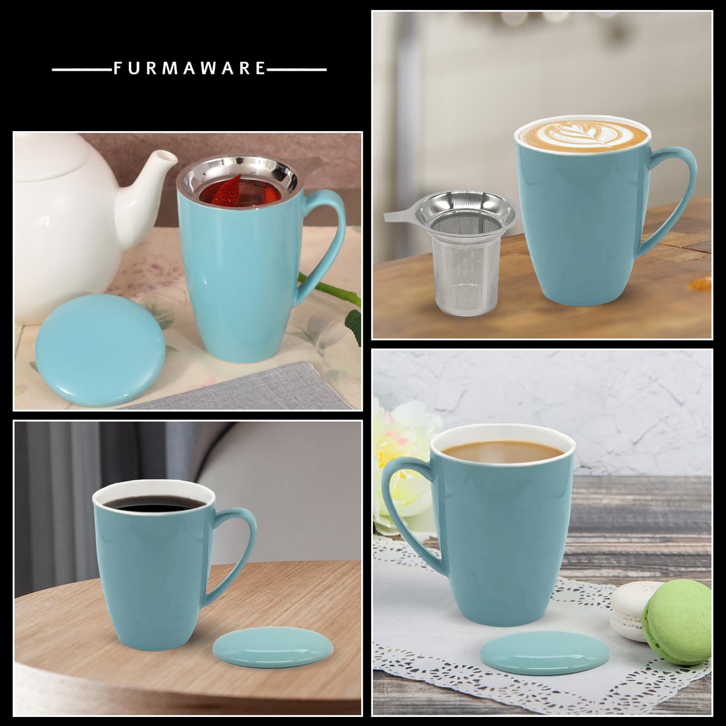 Furmaware PorcelainTea Mug, 15oz Ceramic Tea Infuser Cup with Cooling Handle & Strainer, Microwave and Dishwasher safe Steeping Cup for Tea lovers, Christmas, Birthday and Mother’s Day (Turquoise)