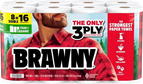 Brawny 3-Ply Paper Towels - Strong, Absorbent & Durable | 8 Double Rolls (16 Regular Rolls)