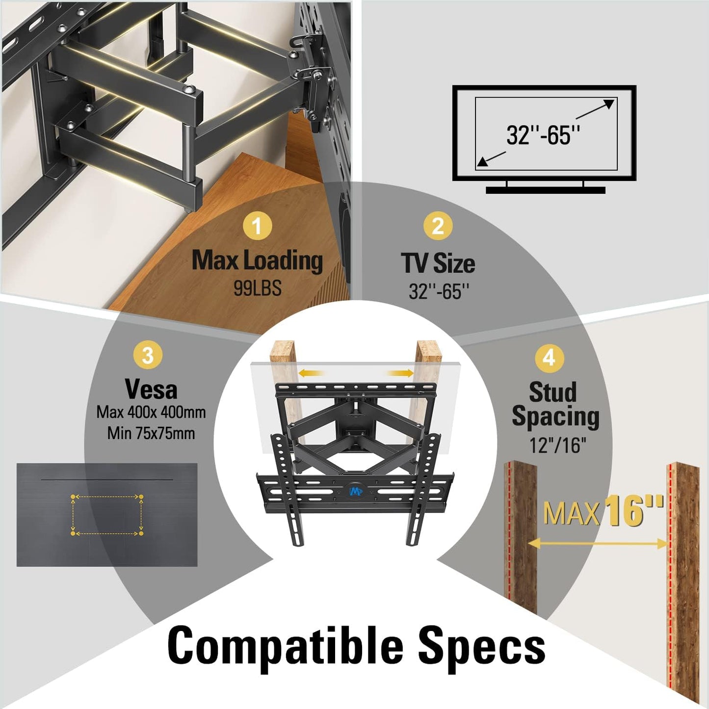 Mounting Dream TV Wall Mount - Full Motion Swivel & Tilt Bracket for 32-65 Inch TVs | Max VESA 400x400 mm, 99lbs Capacity