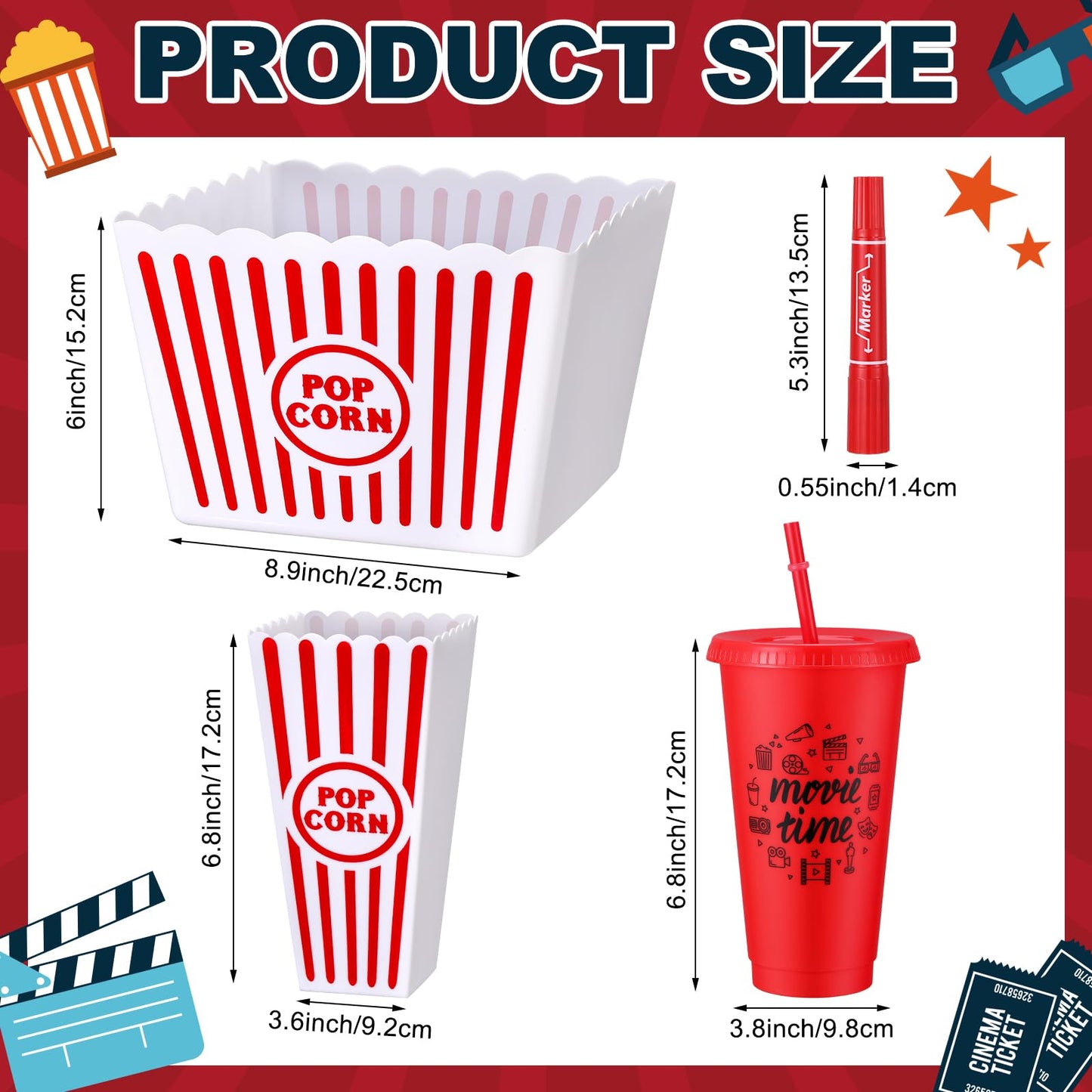 Reallnaive 15 Pcs Movie Night Popcorn Organizer Set Family Red & White Striped Plastic Popcorn Container Reusable Drinking Cup for Holiday Parties, Family Gatherings & Home Theater