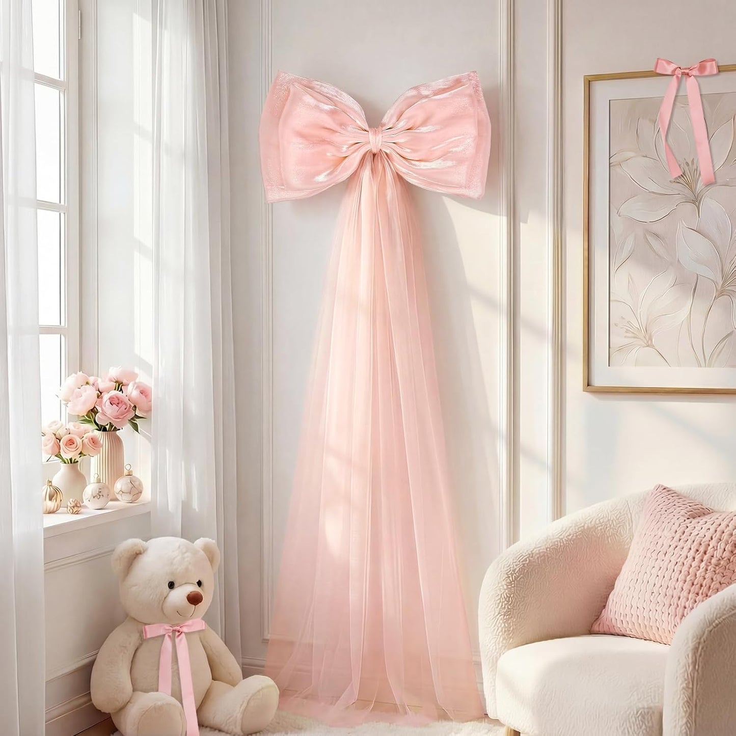 Skiennix 13Pcs Large Pink Pearl Silk Satin Bow Set - 17x55 Inch Giant Bow with 12 Small Satin Bows for DIY Wedding & Baby Shower Decor
