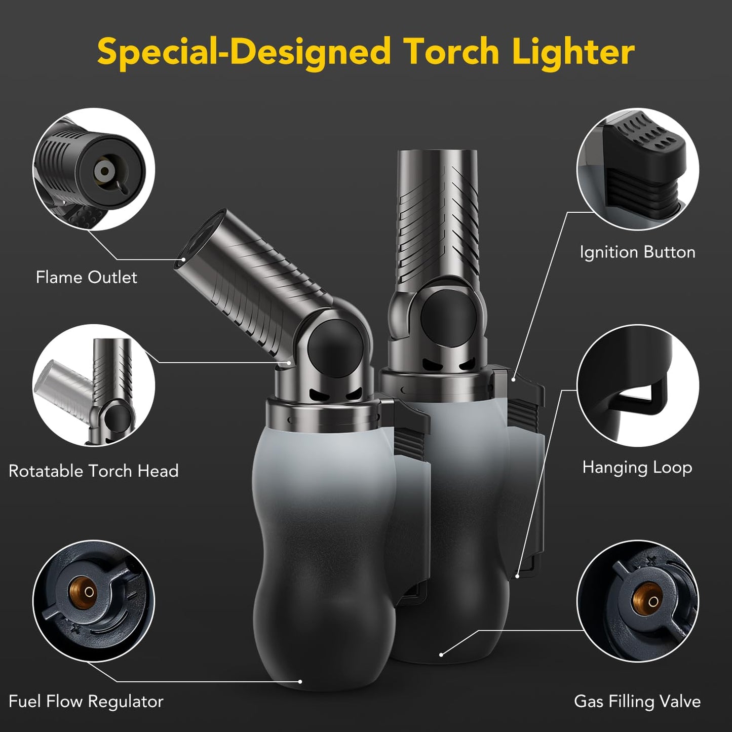 TBTeek Torch Lighter, Portable Kitchen Torch with 45° Rotatable Head and Adjustable Flame, Refillable Butane Torch Lighter for Soldering, Cooking, BBQ, Fireplaces, White-Black (Gas Not Included)