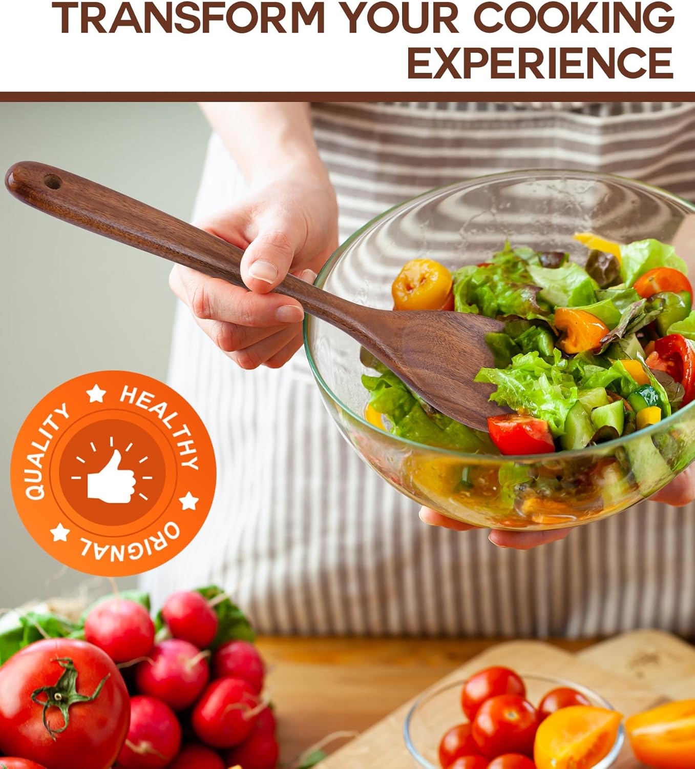 Skiennix Wooden Cooking Spoons - Premium Teak Utensils with Good Grip | Heat Resistant & Nonstick Safe