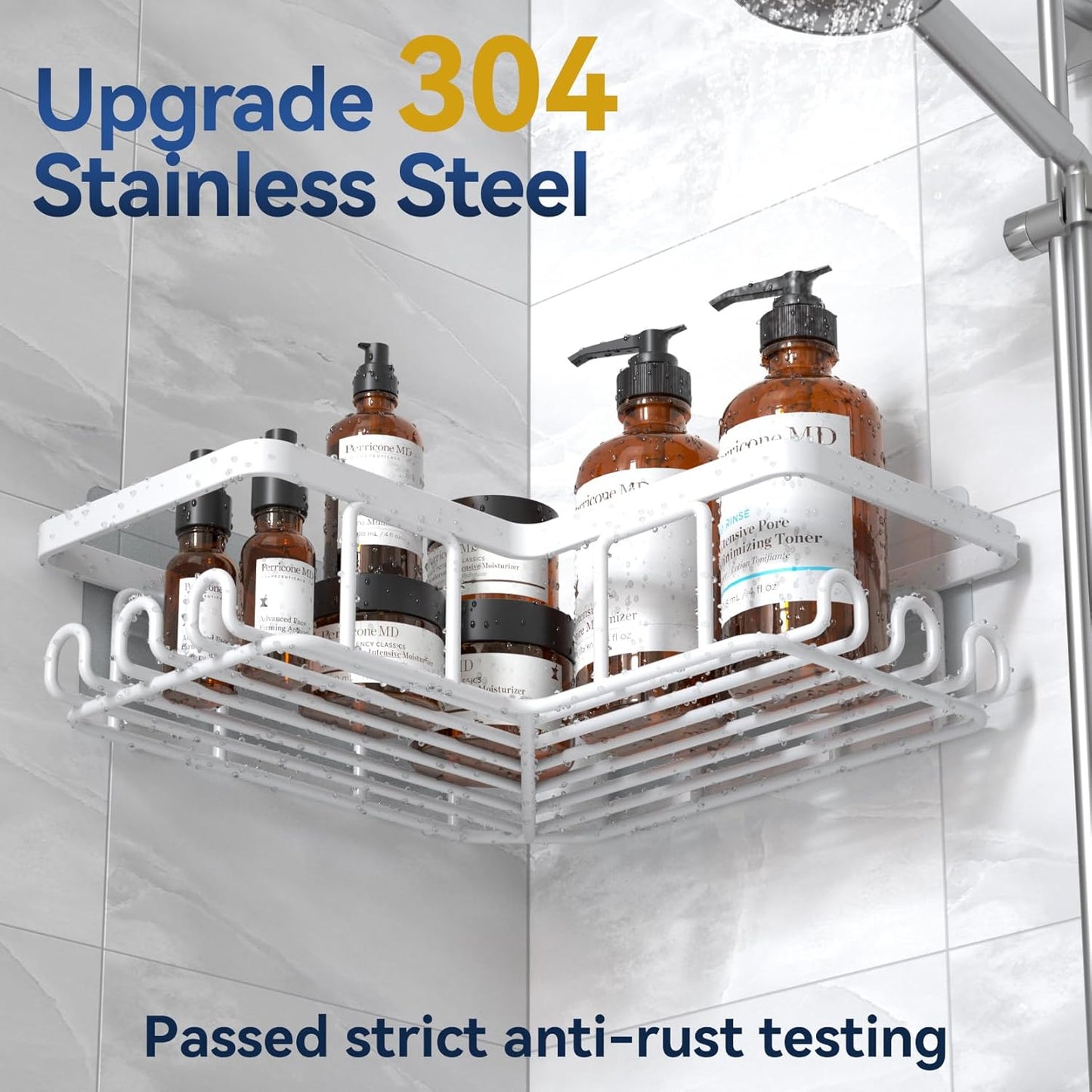 YASONIC Corner Shower Caddy - Rustproof Stainless Steel Bathroom Organizer with Soap Holder & 12 Hooks | White, 3-Pack