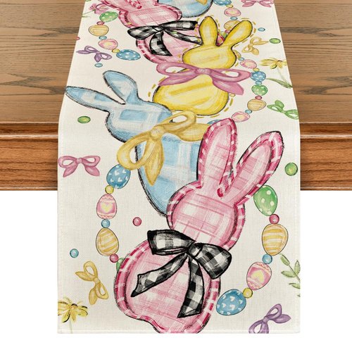 Artoid Mode Floral Bow Bunny Rabbits Eggs Easter Table Runner, Seasonal Spring Kitchen Dining Table Decoration for Home Party Decor 13x72 Inch