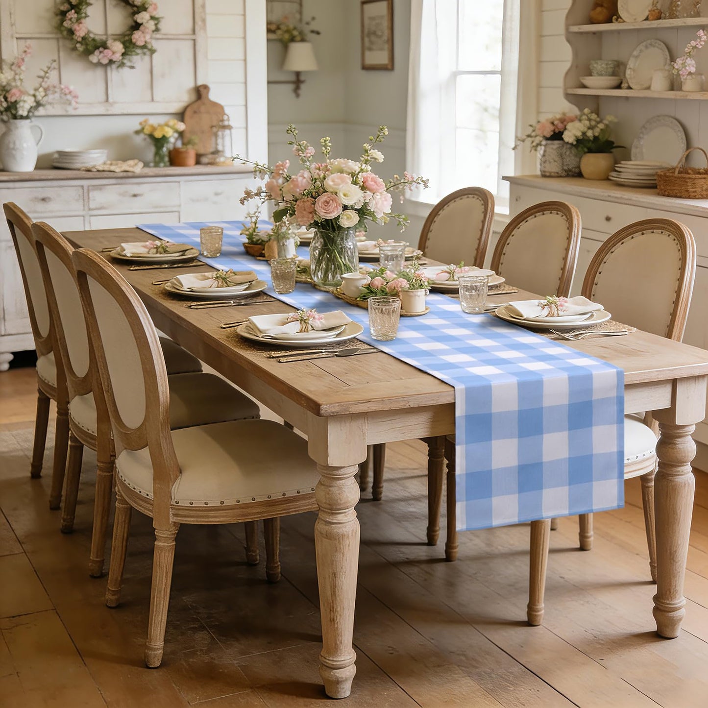 tiosggd Gingham Table Runner Light Blue and White, Spring Buffalo Plaid Check Table Cloth 72 Inches Long Table Decor, Summer Party Suppliers for Rustic Farmhouse Birthday Wedding Baby Shower Party