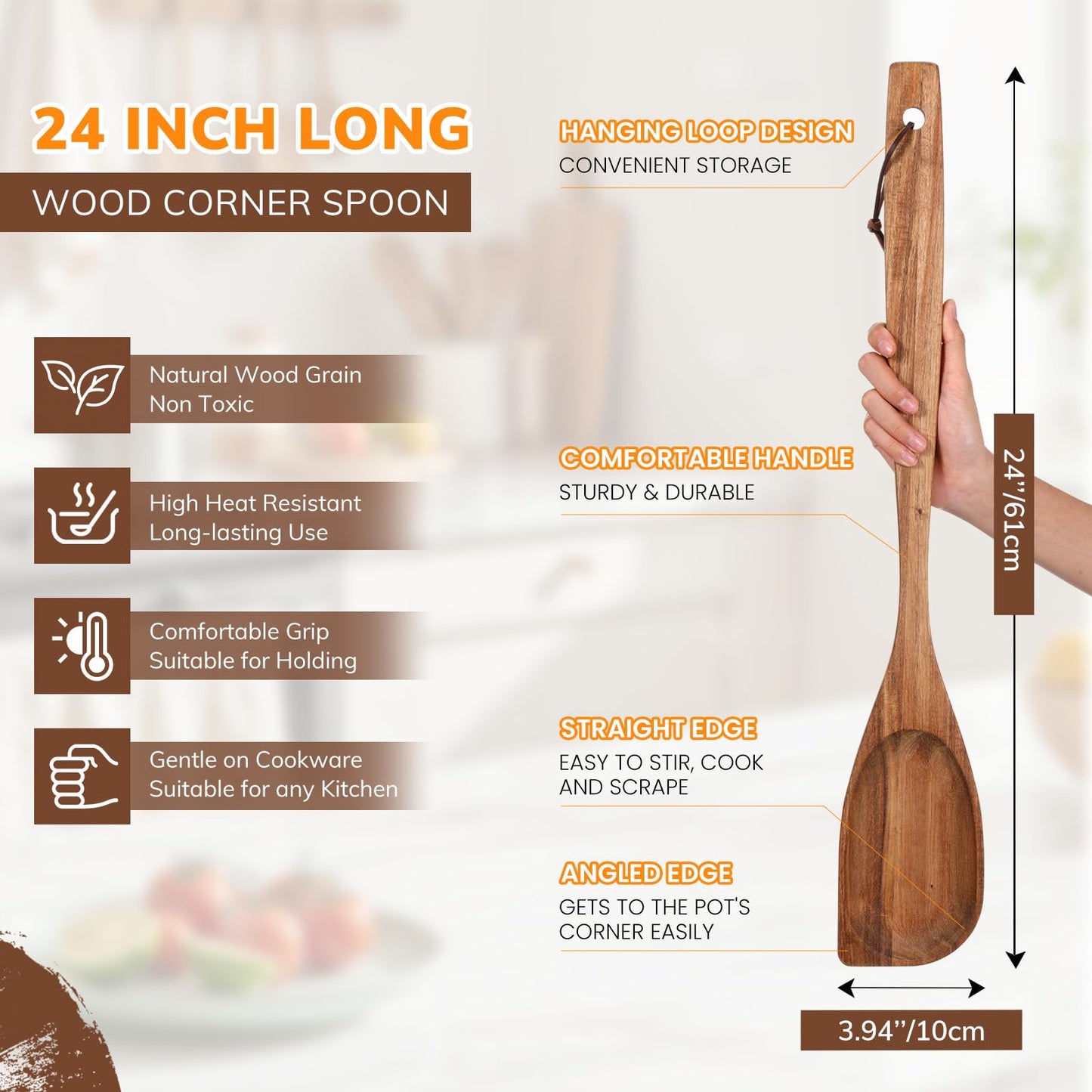 FillTouch 24 Inch Large Wooden Spoon for Cooking, Acacia Natural Wood Corner Spoon with Long Handle, Versatile Wood Spoons for Stirring, Flipping, Serving, Scraping