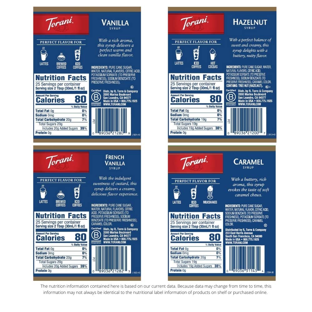 Torani Variety Pack | Caramel, French Vanilla, Vanilla & Hazelnut Syrups - 25.4 Ounces (Pack of 4)